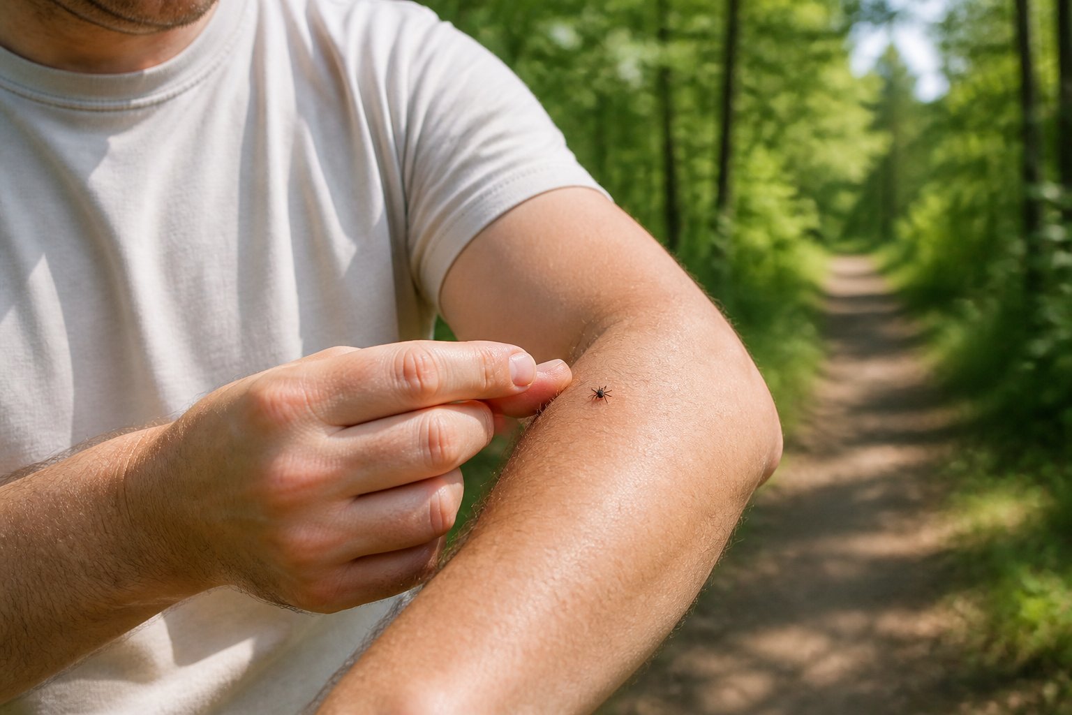 A person checks their forearm for a tick after walking outdoors.