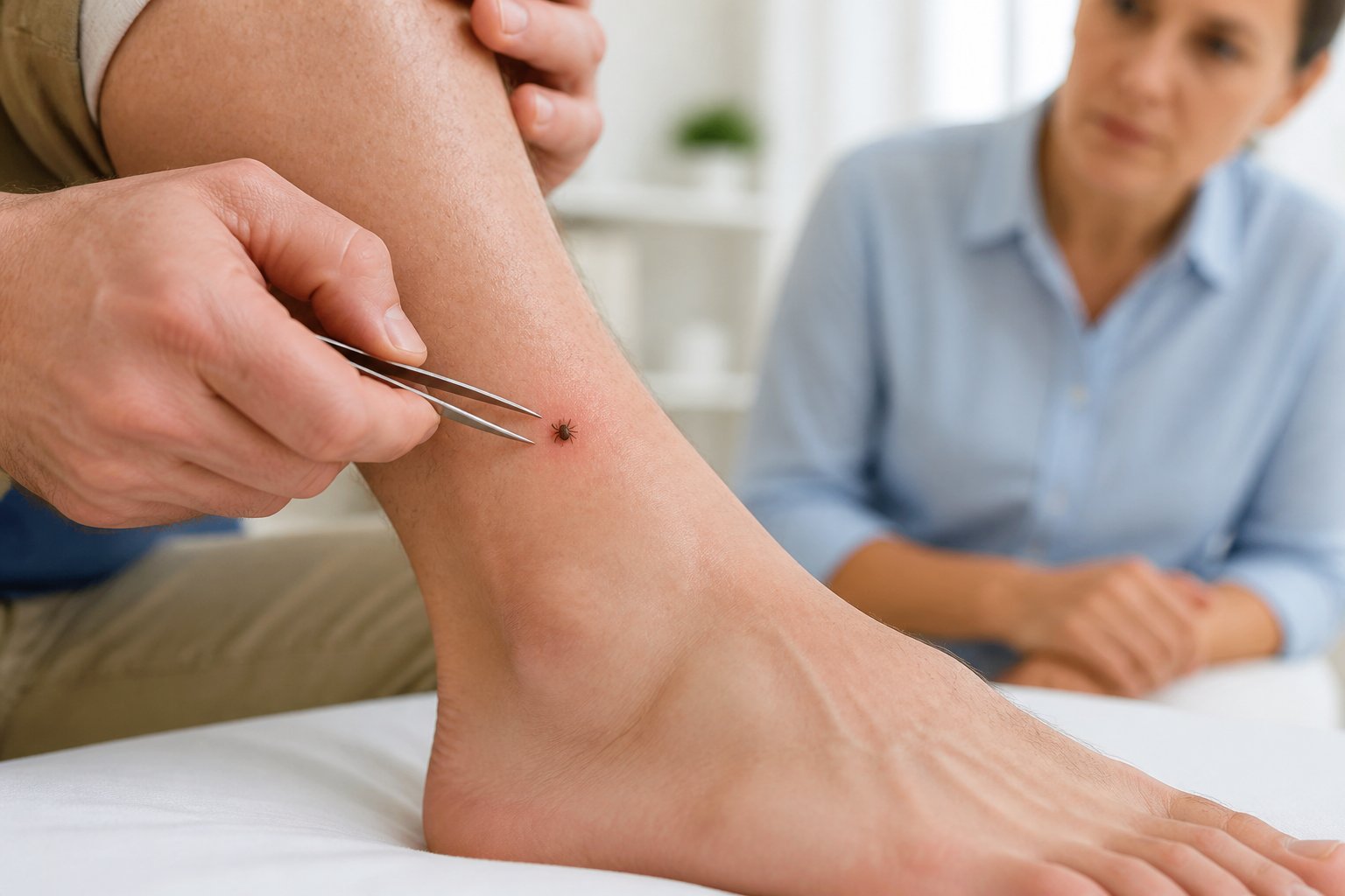 A person examines a small tick attached to the skin near an ankle.