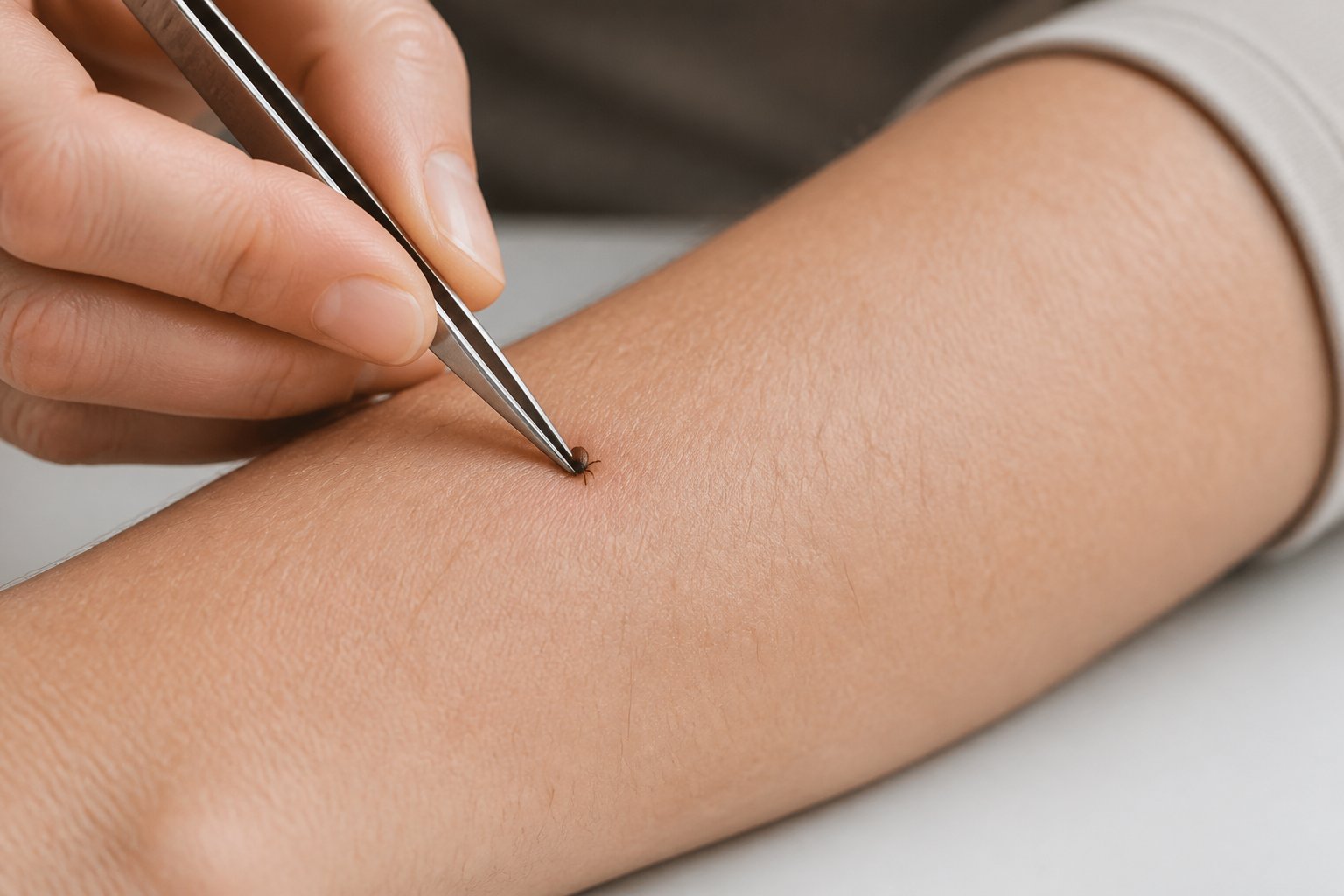A person uses fine-tipped tweezers to remove an attached tick from another person’s forearm.