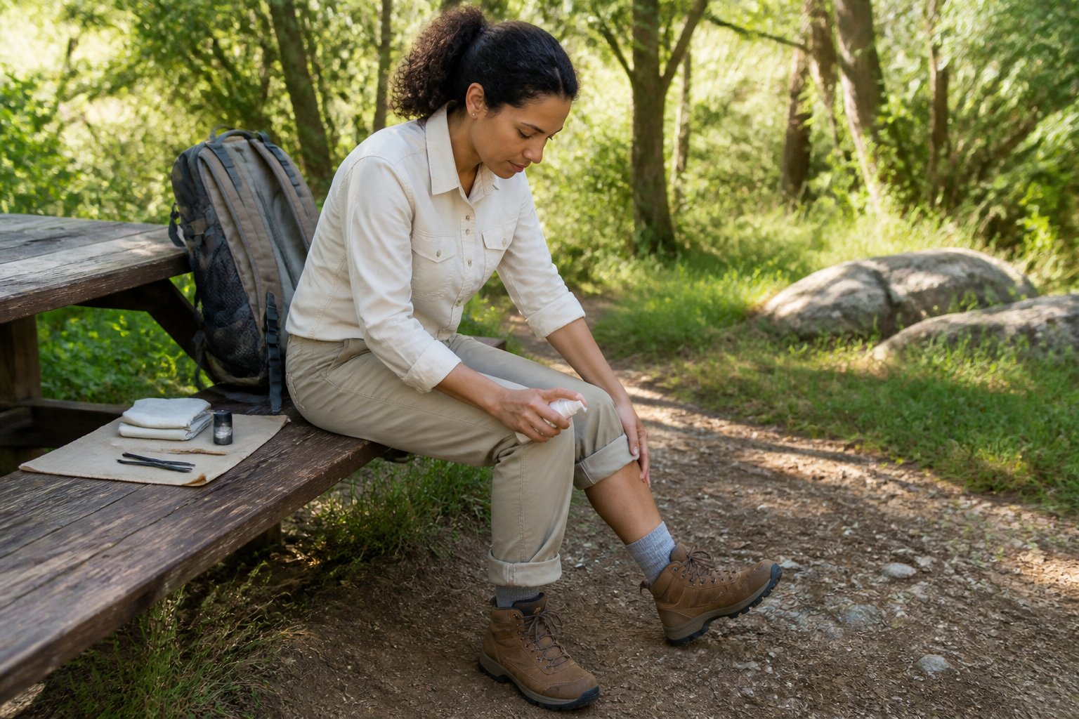 A hiker checks their clothing and skin for ticks after walking on a wooded trail.