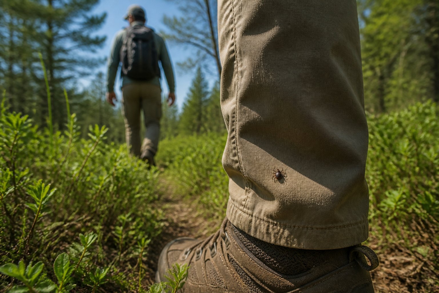 A hiker walks through tall grass with a small tick attached to the fabric near the lower pant leg.