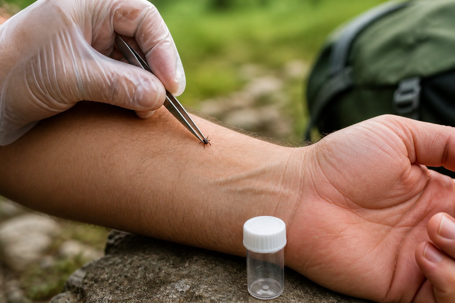 A person uses tweezers to carefully remove an attached tick from another person’s forearm.