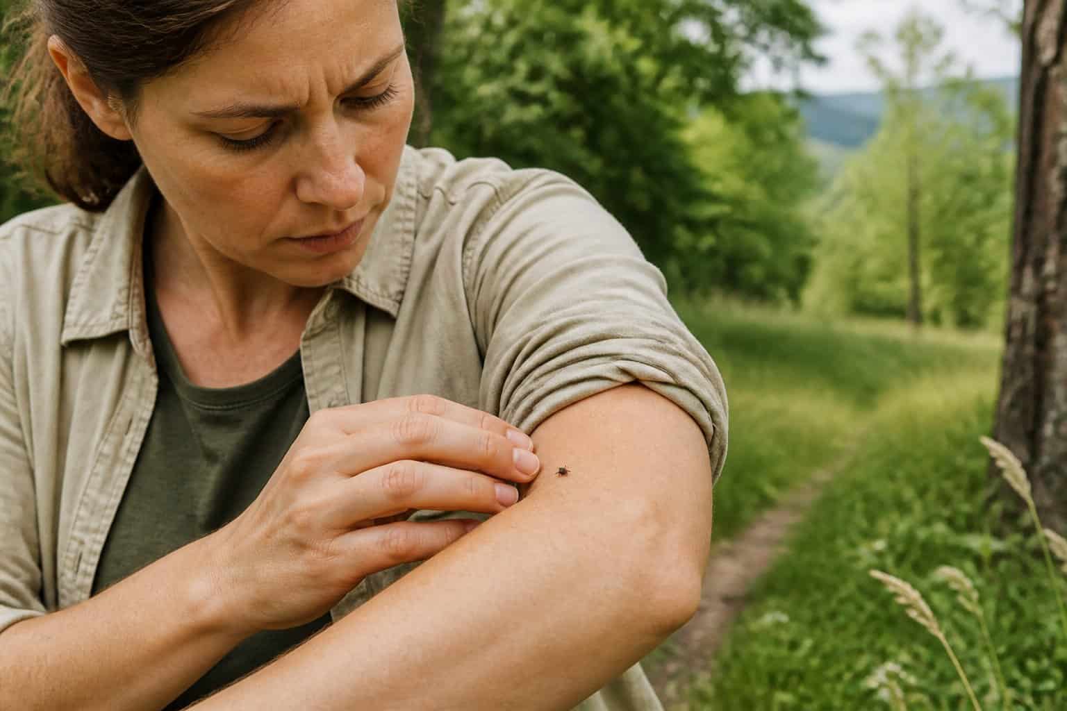 An adult checks their forearm for a tick outdoors near grass and woodland.