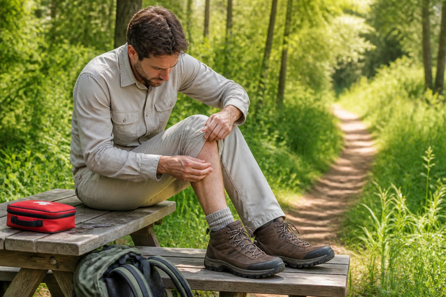 A hiker checks their clothing and lower legs for ticks after walking through a wooded meadow.