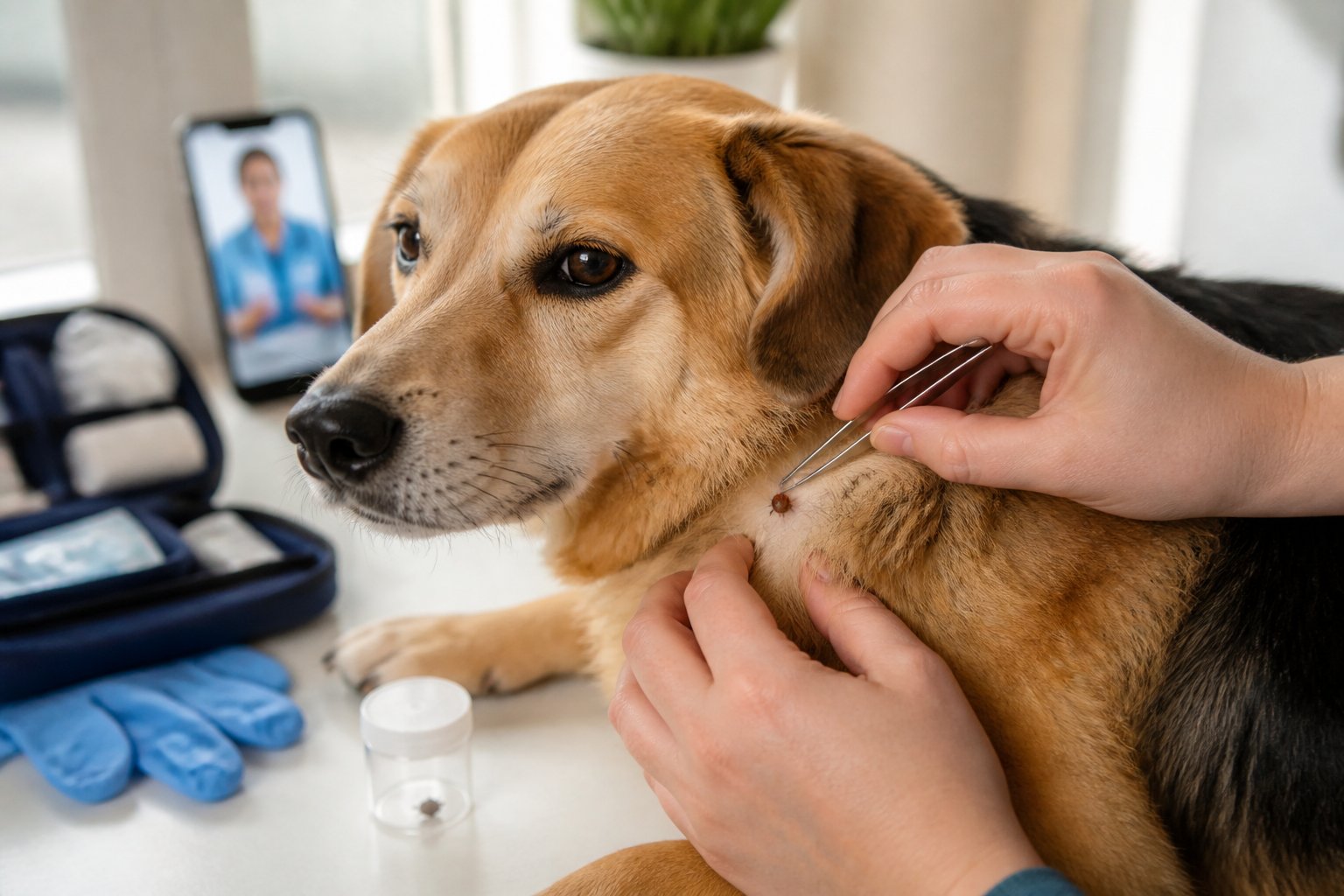 A person carefully removes a tick from a calm dog using tweezers while basic veterinary supplies sit nearby.
