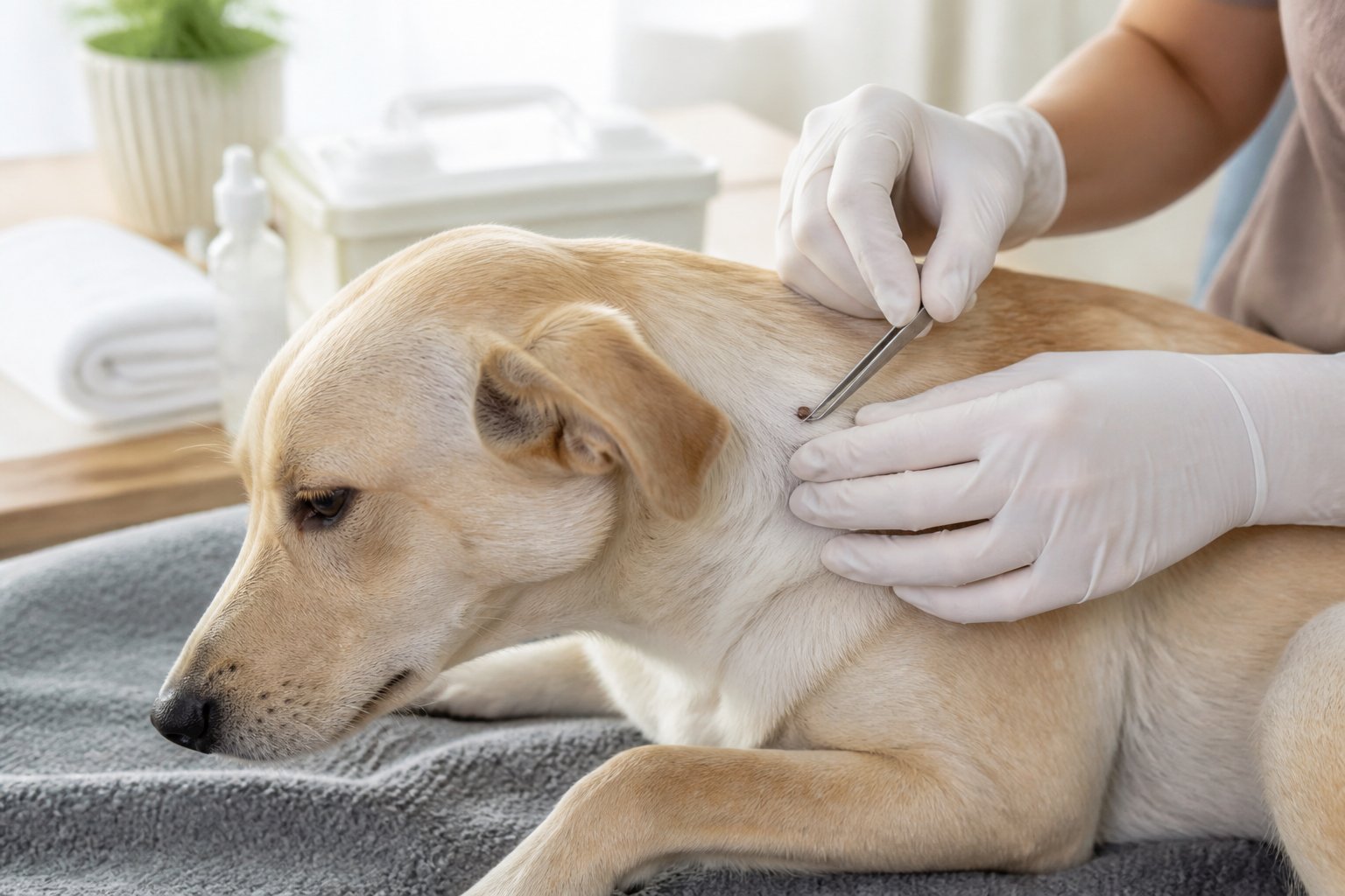 A person gently removes an attached tick from a calm dog using fine-tipped tweezers.