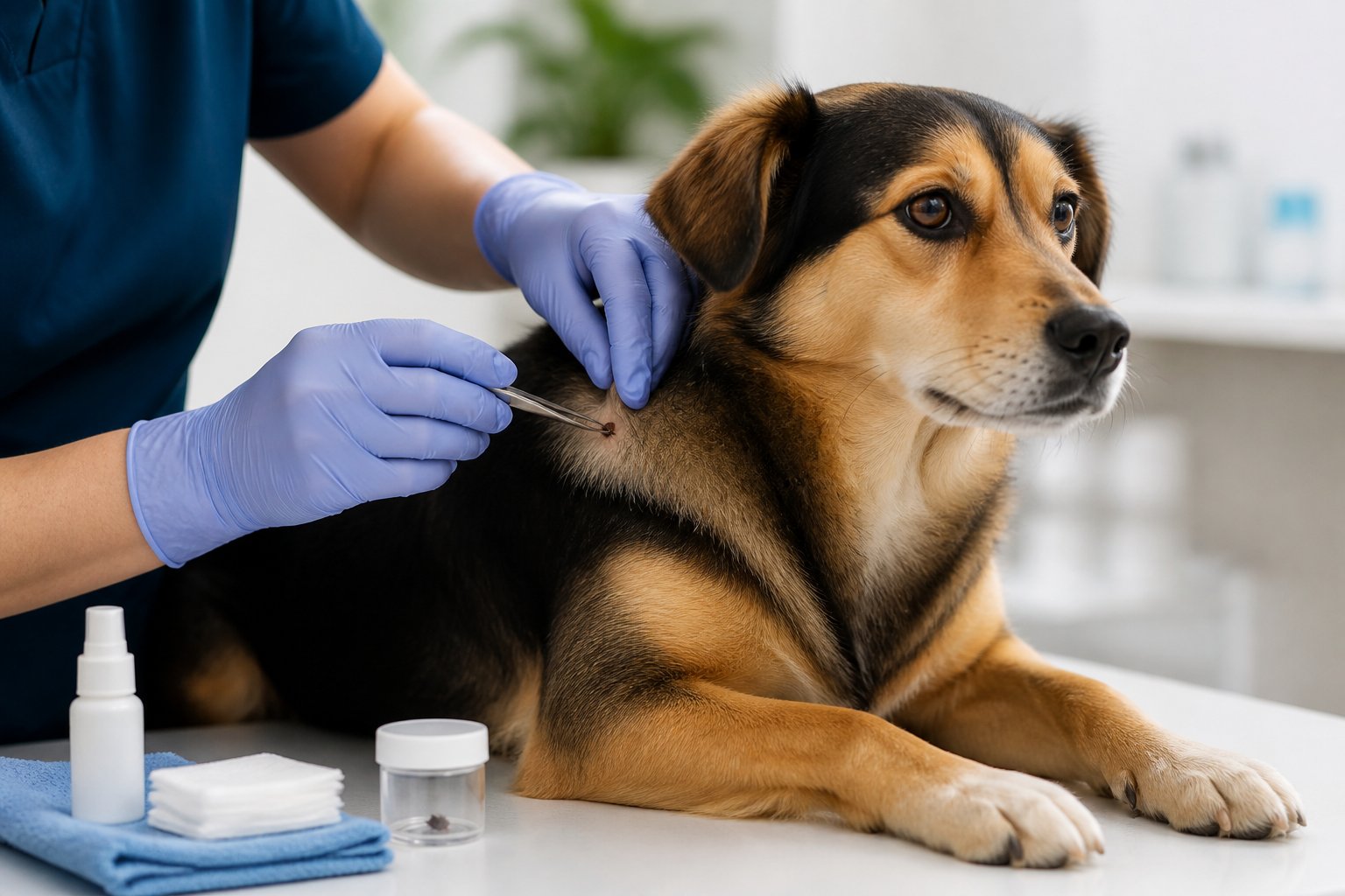 A gloved person carefully removes a tick from a calm dog with tweezers in a veterinary examination setting.