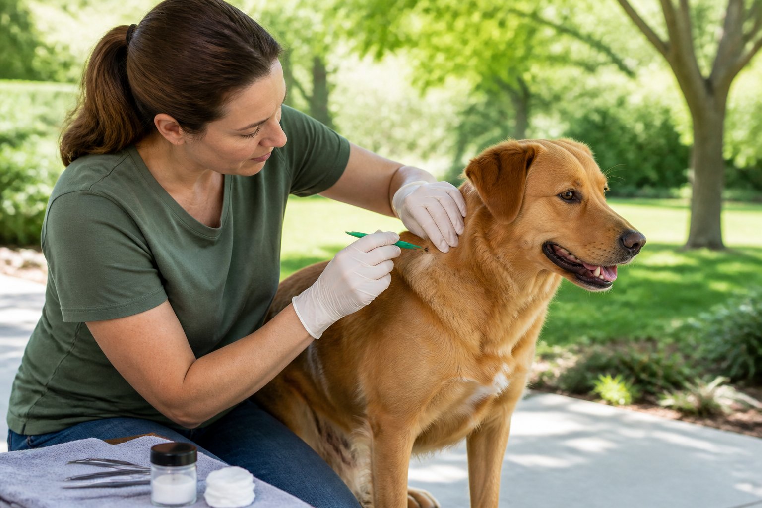 A gloved owner gently checks a dog’s fur for ticks outdoors while holding a tick-removal tool.