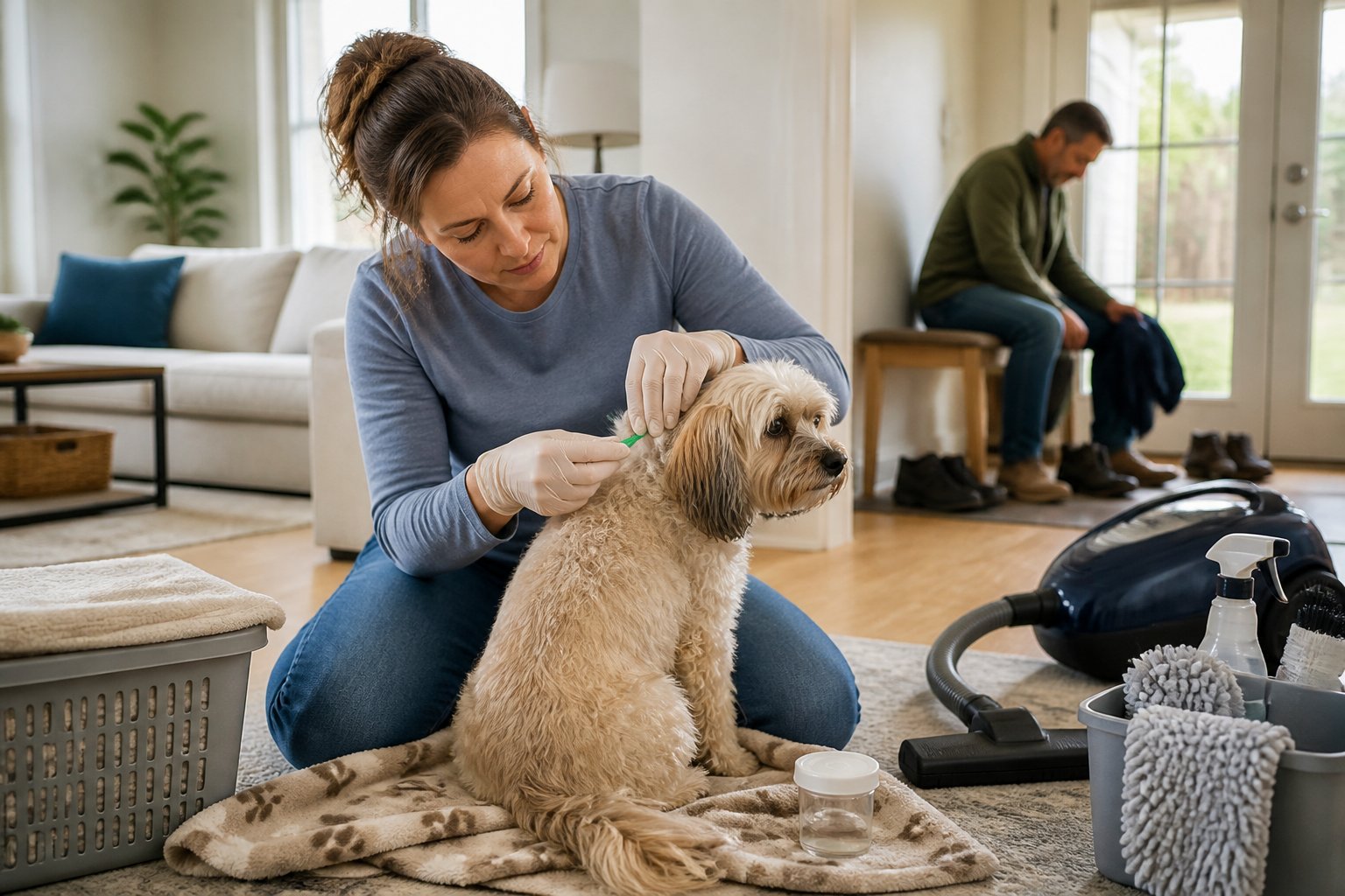 A homeowner wearing gloves checks a dog for ticks in a clean, bright home.
