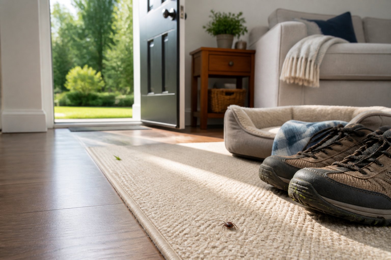 A tick is visible on a rug near outdoor shoes and a pet bed by an open home doorway.