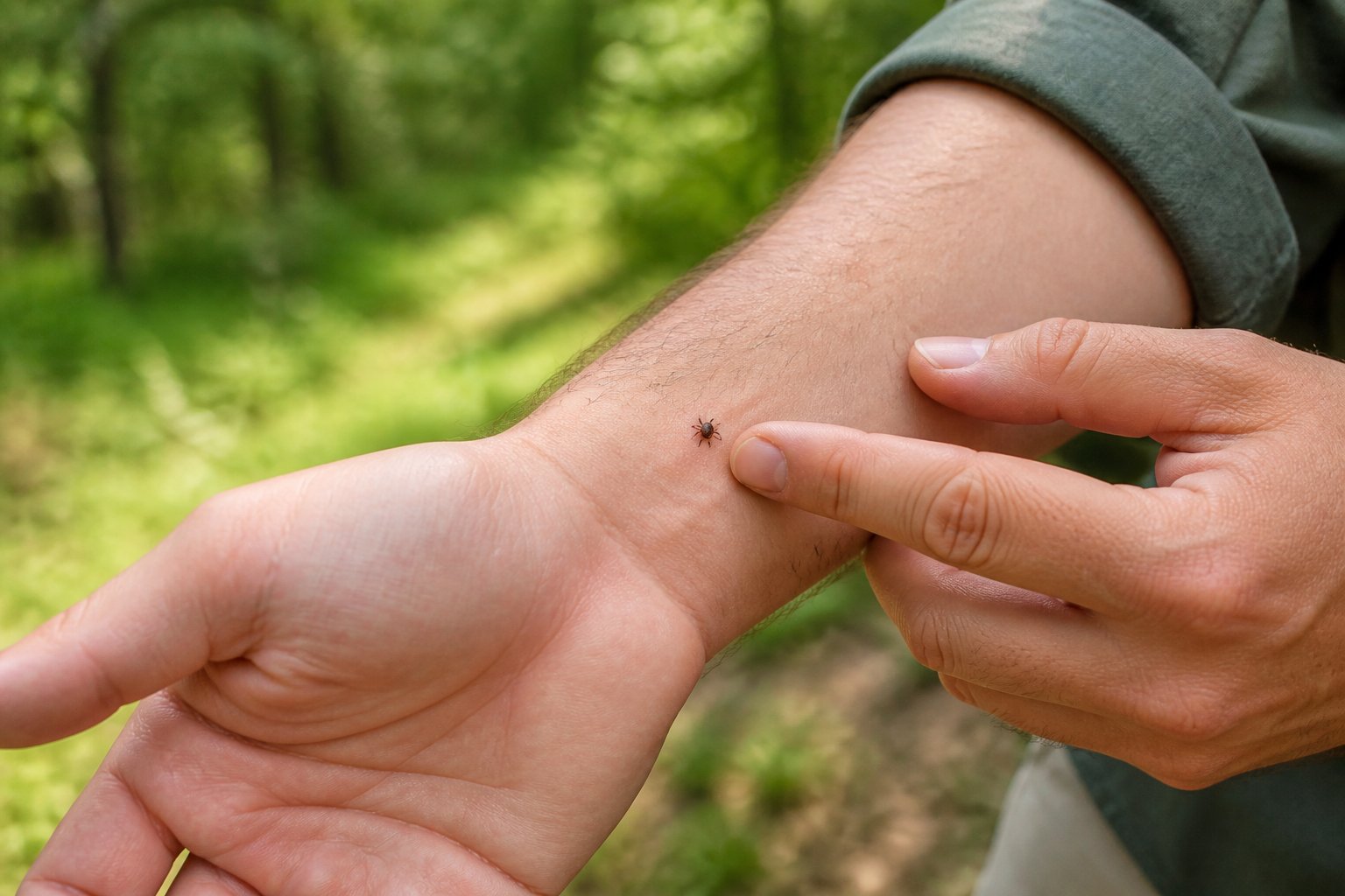 A person examines a small tick attached to the skin near their wrist outdoors.
