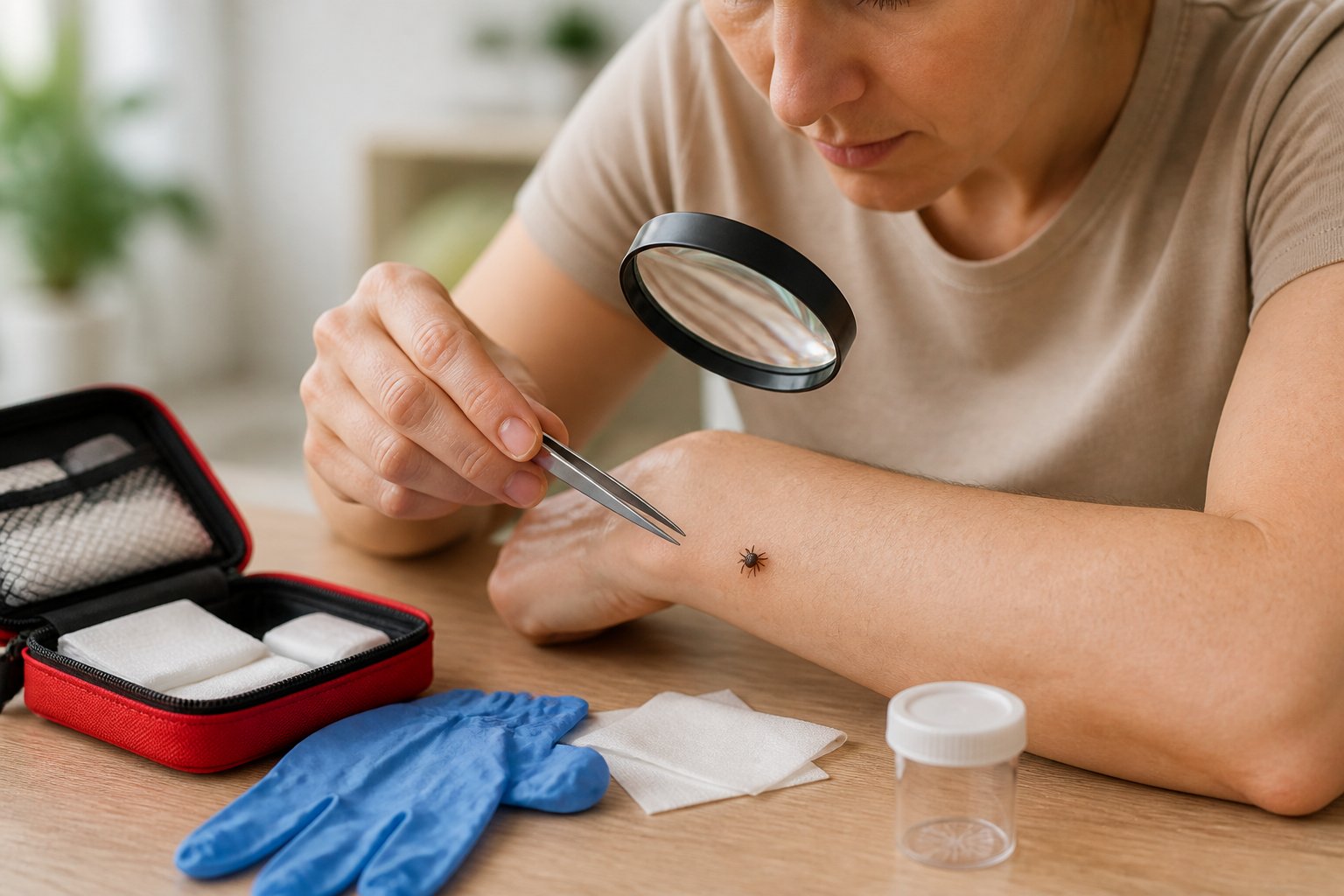 An adult examines a tick on their forearm with a magnifying glass and tweezers beside a first-aid kit.