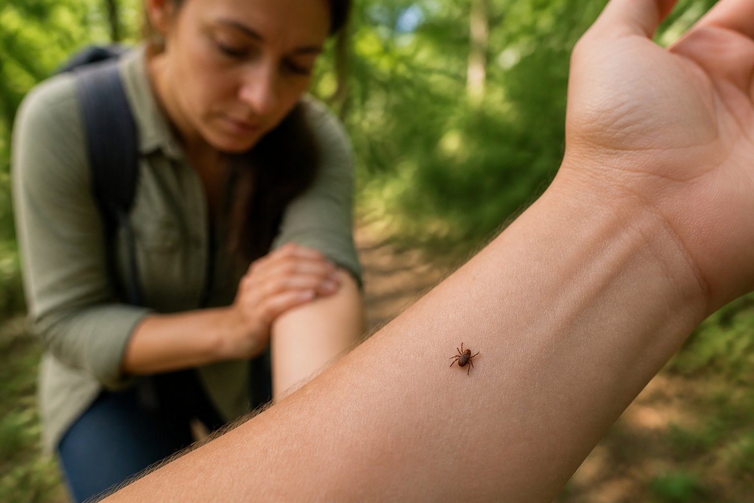 A tick attached to a person’s forearm outdoors.