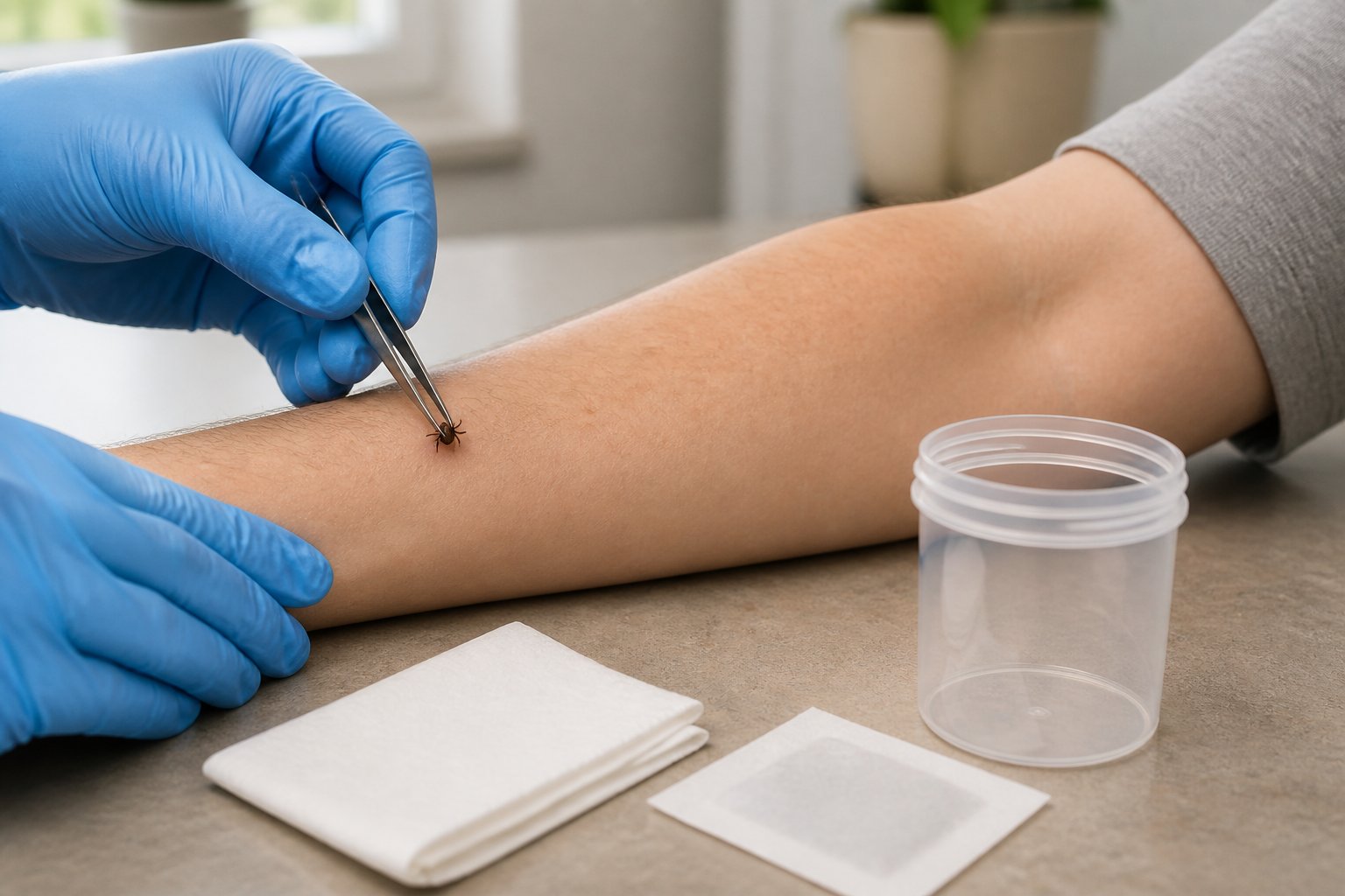 Gloved hands use tweezers to remove a tick from an arm beside a small disposal container.