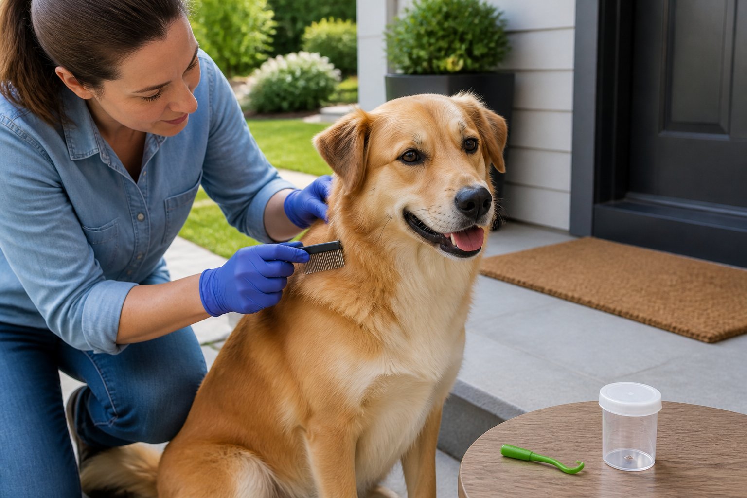 A pet owner checks a calm dog for ticks with a comb near a clean home entrance.