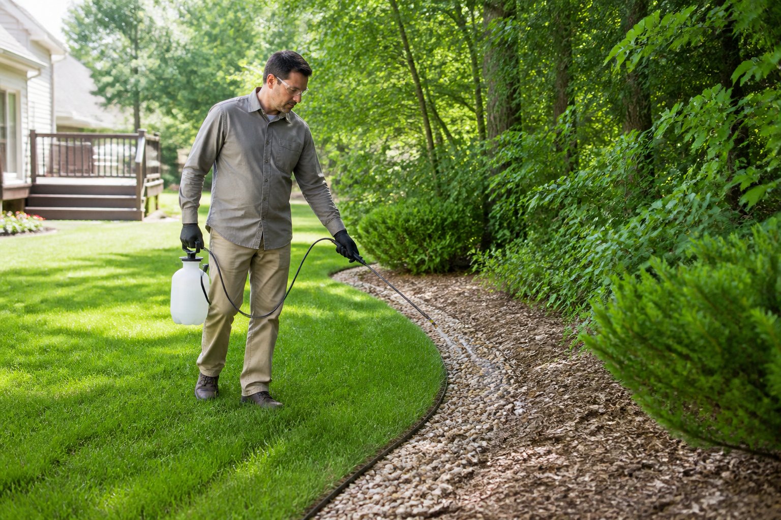 A homeowner in protective clothing inspects a neatly maintained yard near a wooded border with a garden sprayer.