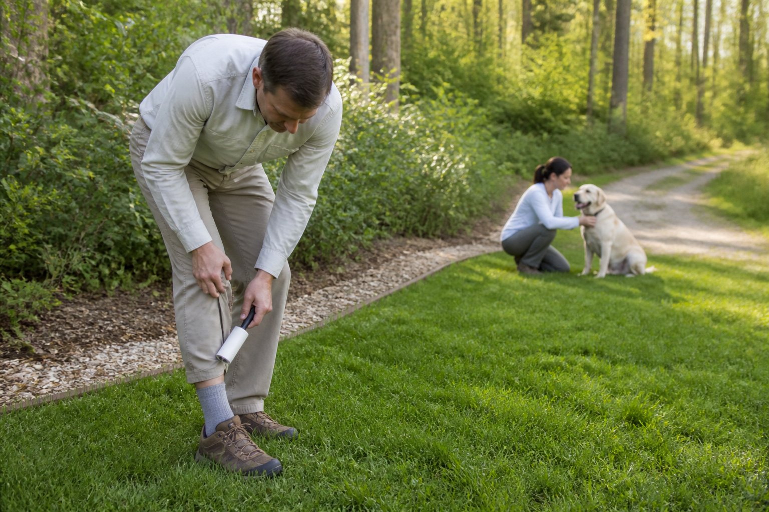 A person checks their clothing beside a maintained yard and woodland edge after spending time outdoors.