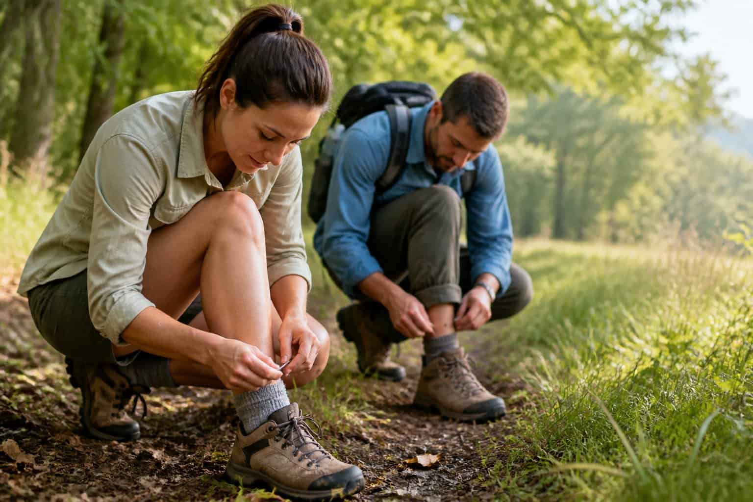 Hikers check their clothing and skin for ticks on a woodland trail.