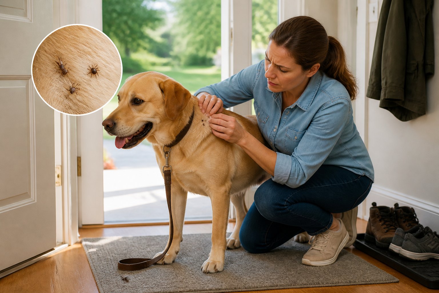A pet owner inspects a dog near a home entryway where ticks may be present.