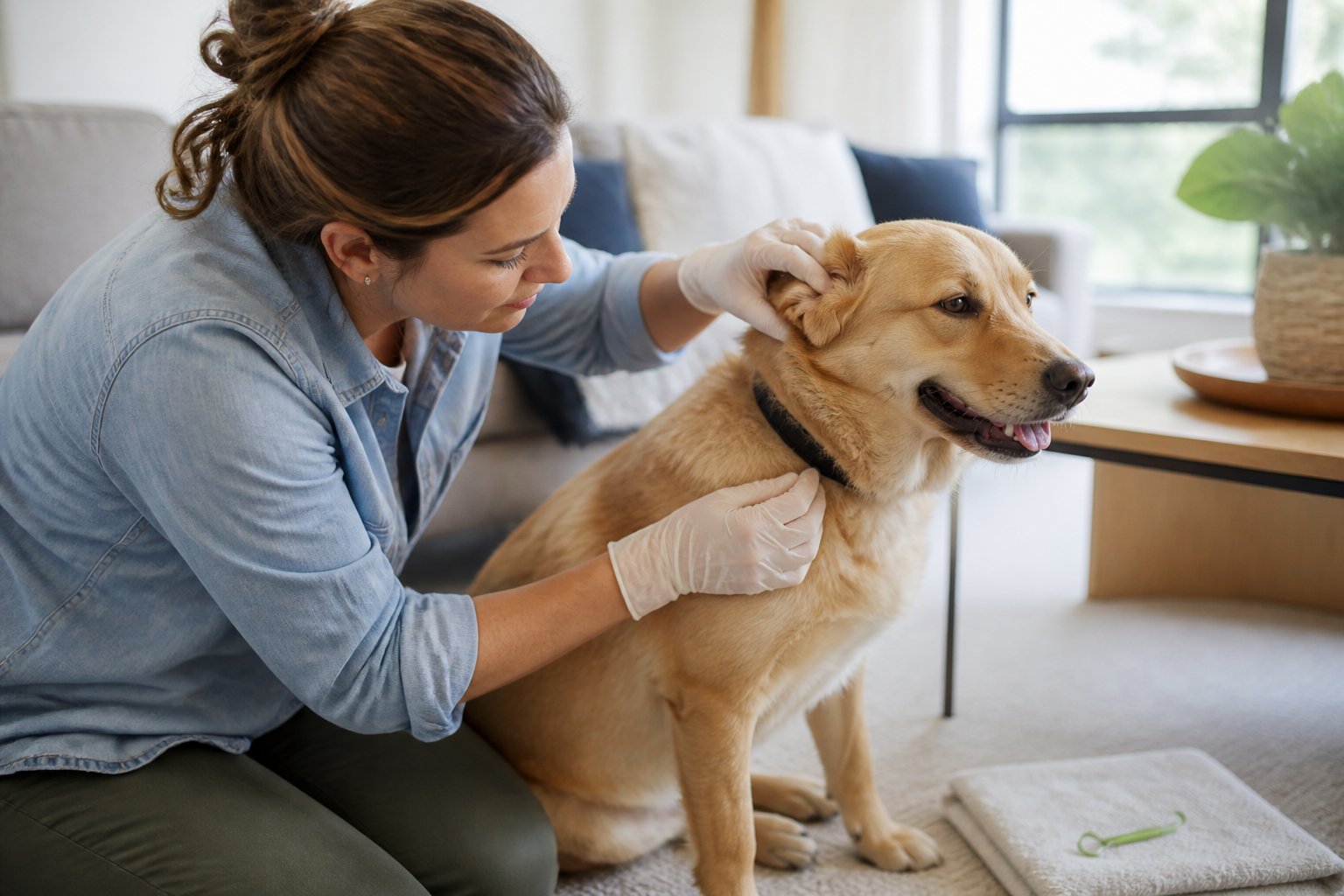 A pet owner checks a dog’s fur for ticks after an outdoor walk.