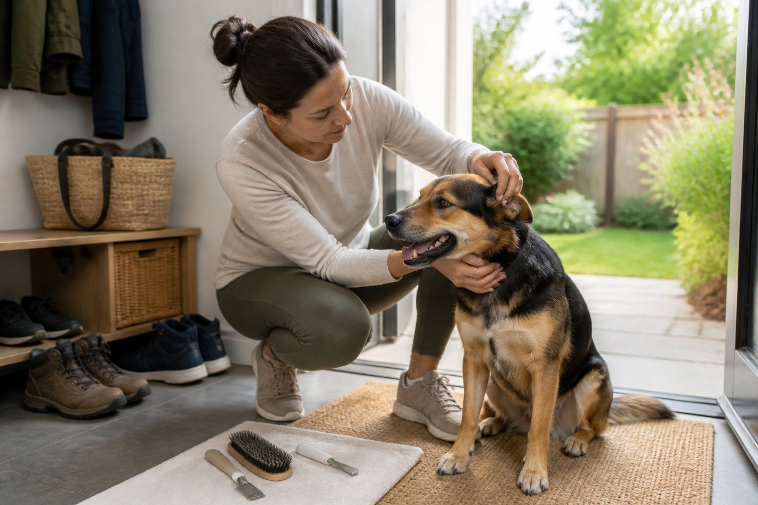 A person gently checks a healthy dog for ticks near a home entrance.