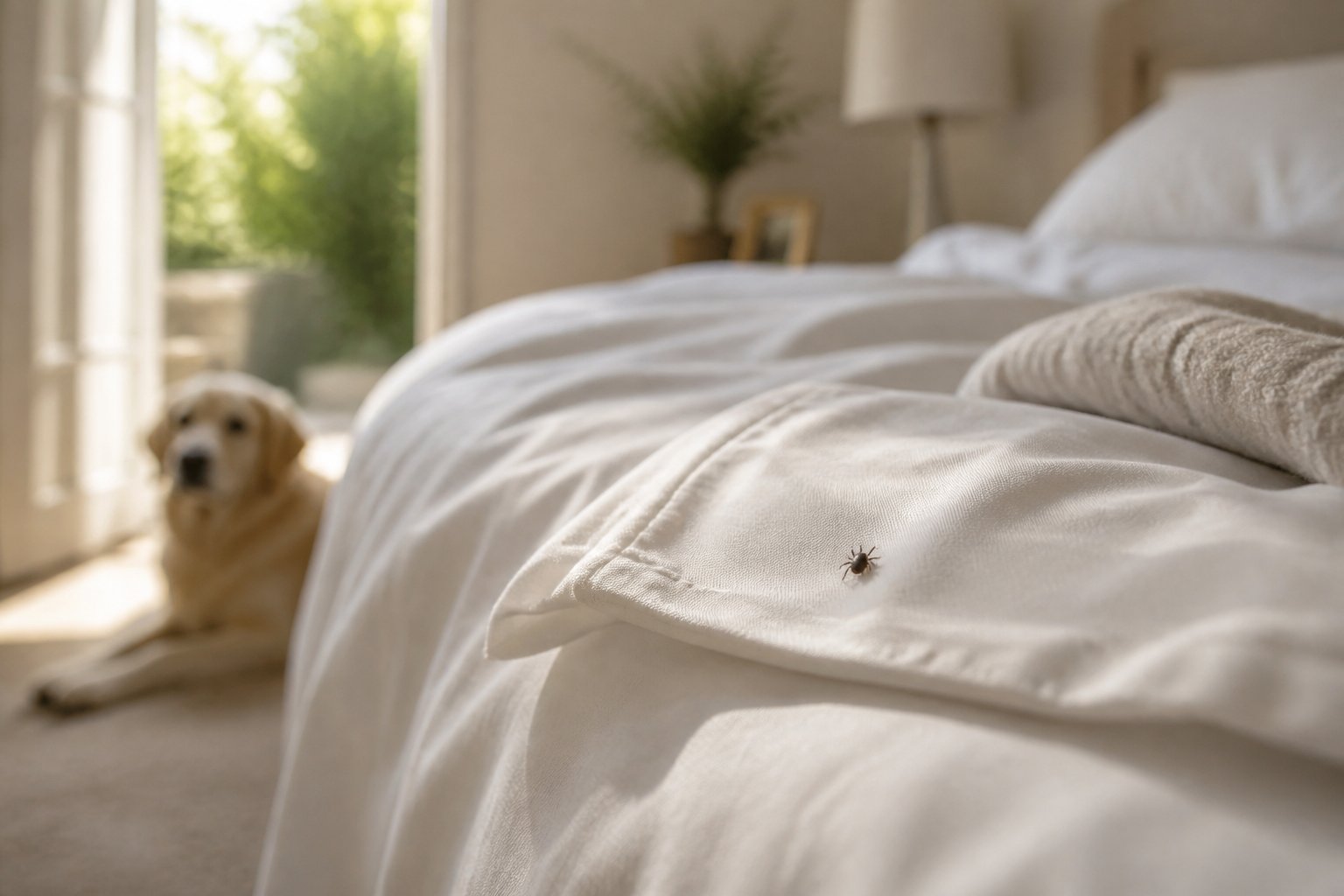 A small tick is visible on white bedding in a bedroom, with a dog near the foot of the bed.