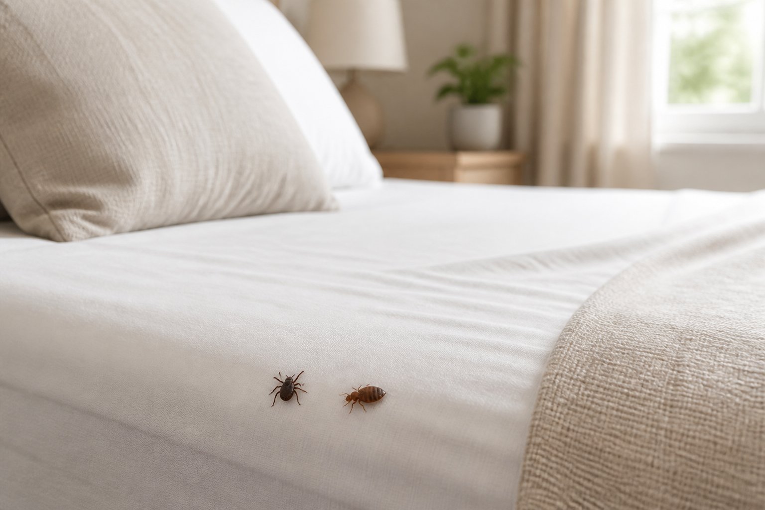 A clean bed with a tick and a bed bug visible on the sheet for comparison.