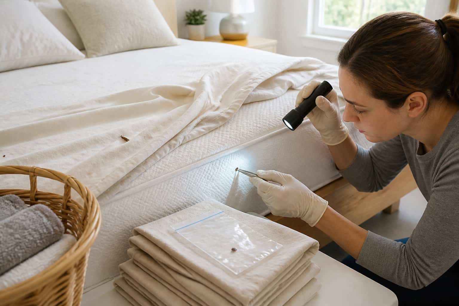 A gloved person uses a flashlight and tweezers to inspect a bed mattress seam for ticks.