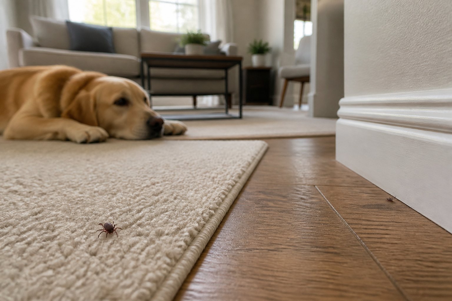 A small tick is visible on a living room rug near a resting dog.