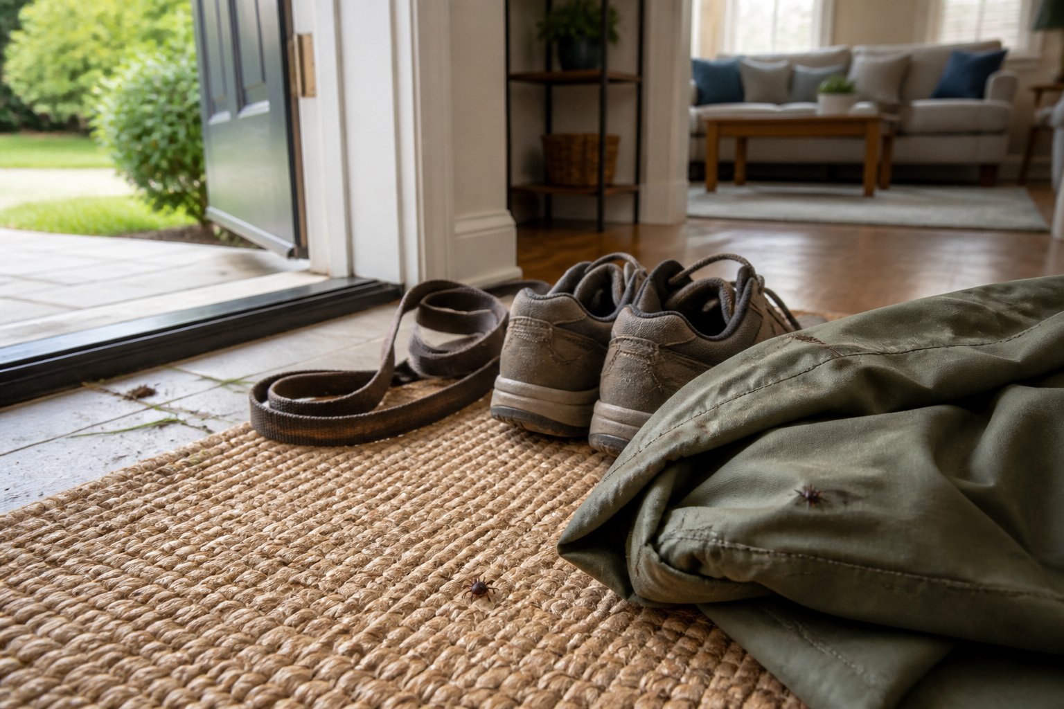 A tidy home entryway with shoes, a pet leash, and an outdoor jacket near an open door, with tiny ticks subtly visible on the rug and clothing.