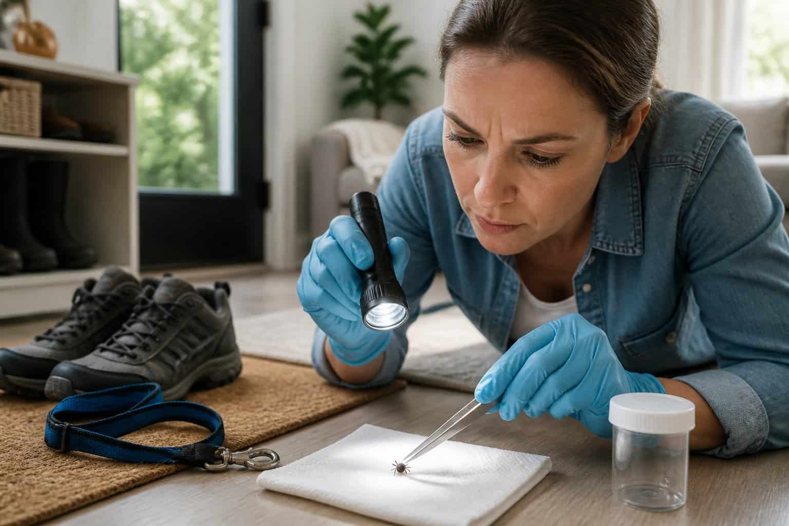 A gloved person examines a tick indoors with a flashlight, tweezers, and a sealed sample container.
