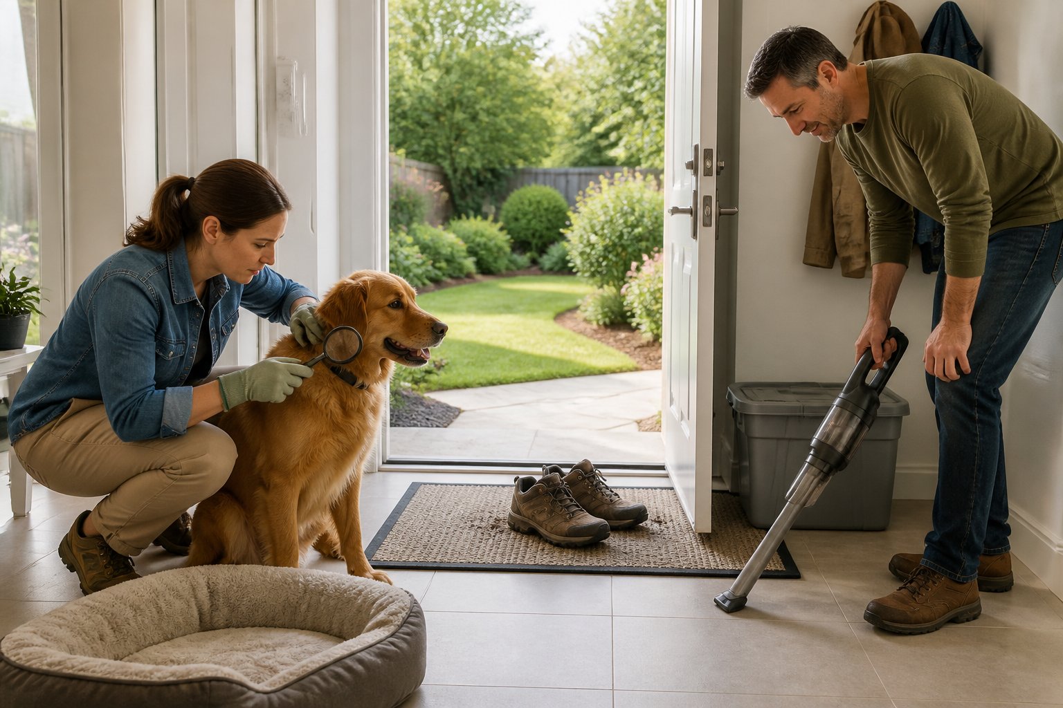 A person checks a dog near a clean home entryway while another person vacuums and the tidy yard is visible outside.