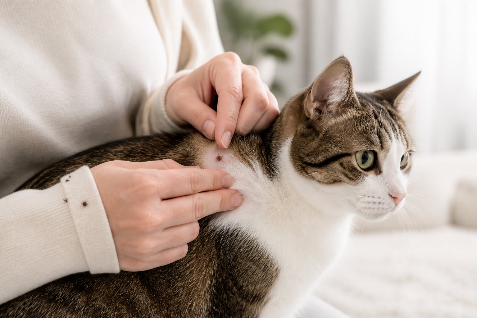 A person examines a cat’s fur while a small tick is visible near the cat’s skin.