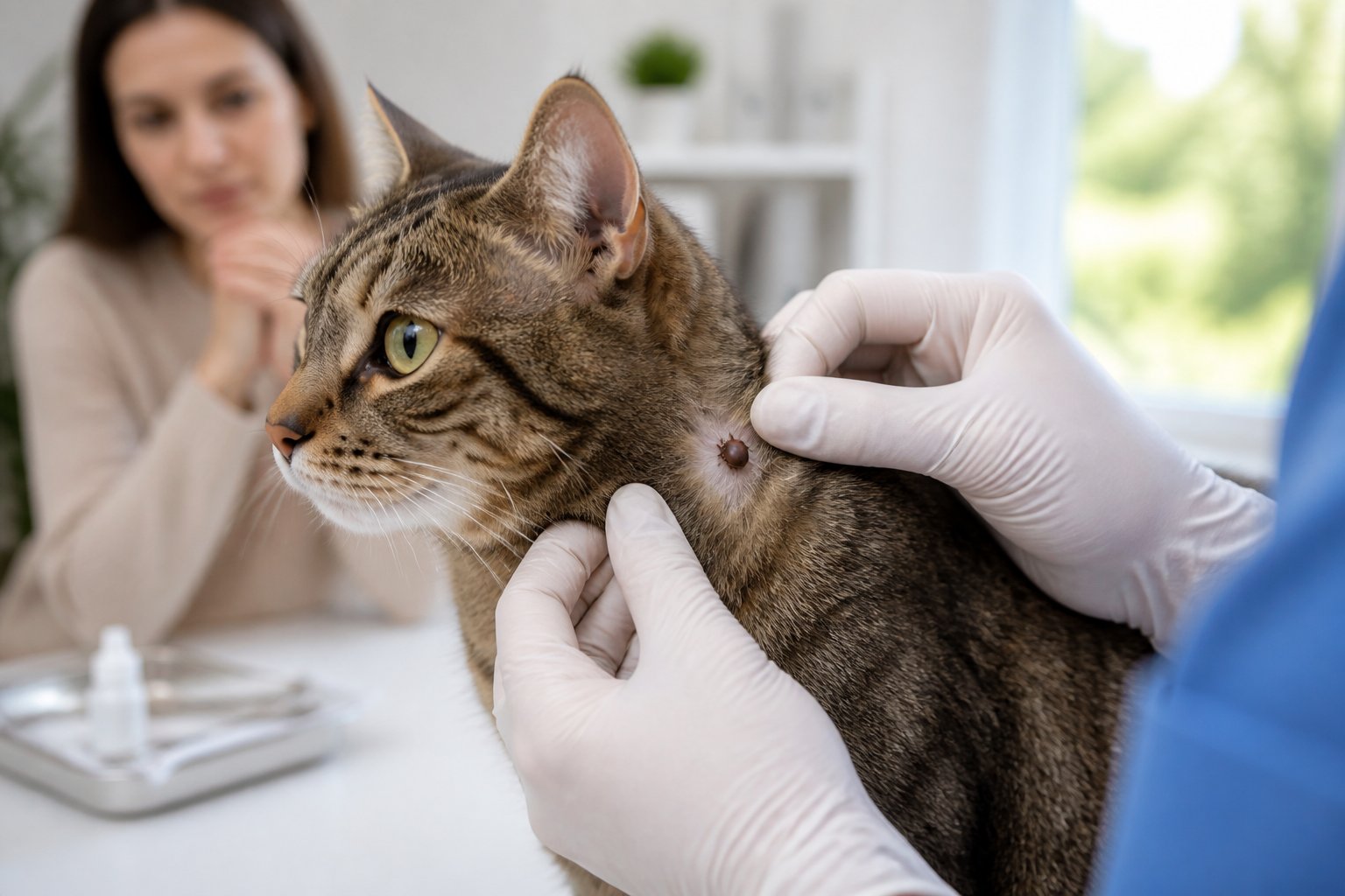 A veterinarian examines a cat with a tick attached to its fur while an adult watches.