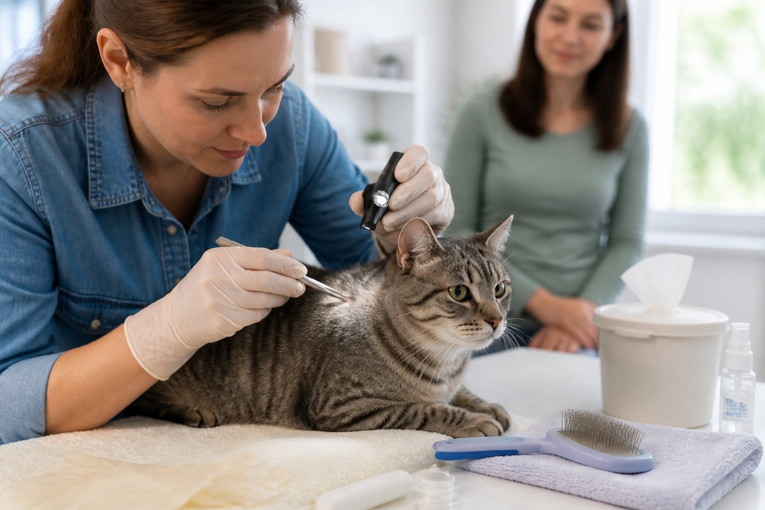 A gloved caregiver safely checks a cat for a tick at home while prevention supplies sit nearby.