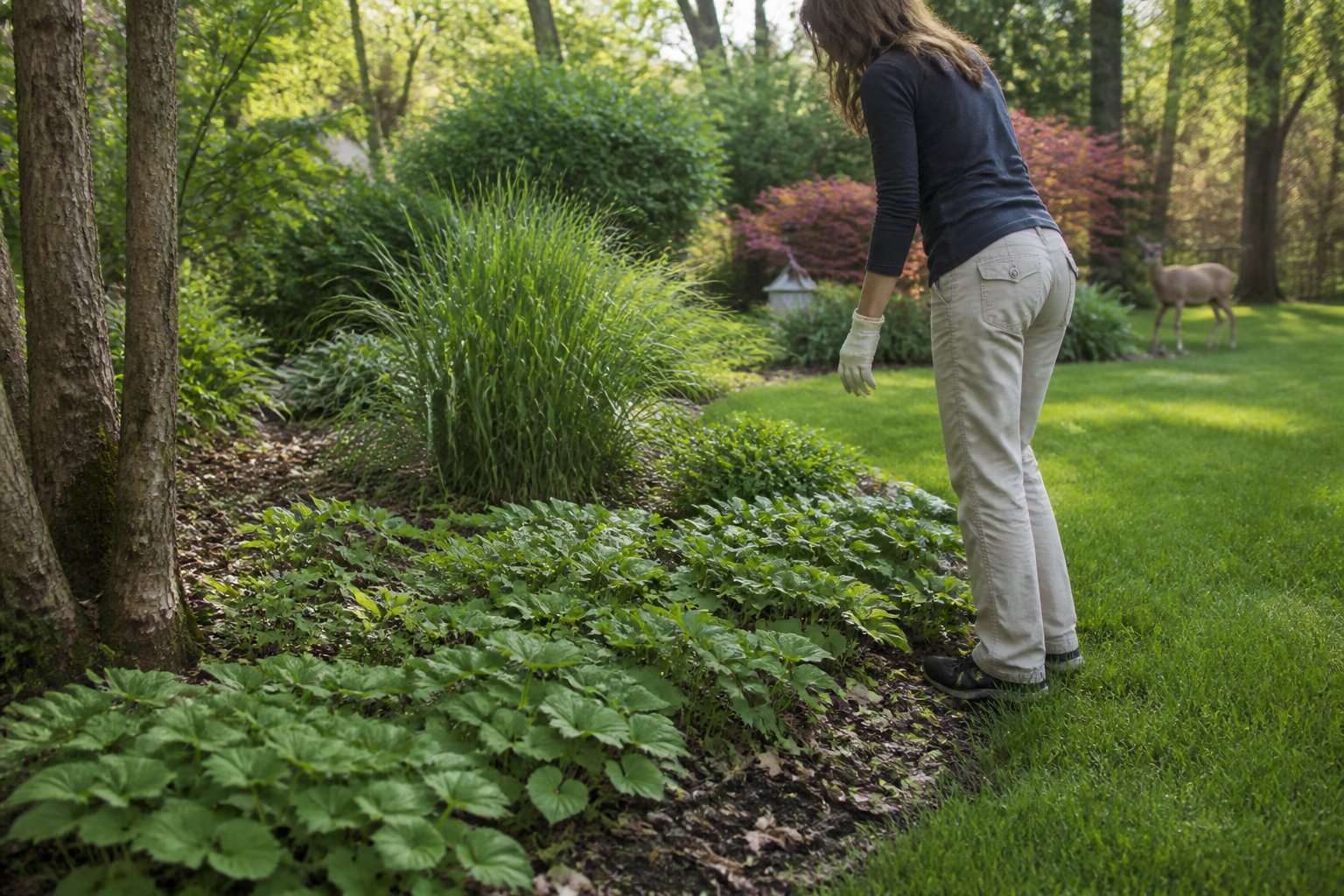 A gardener examines dense plants and leaf litter along the edge of a suburban garden.