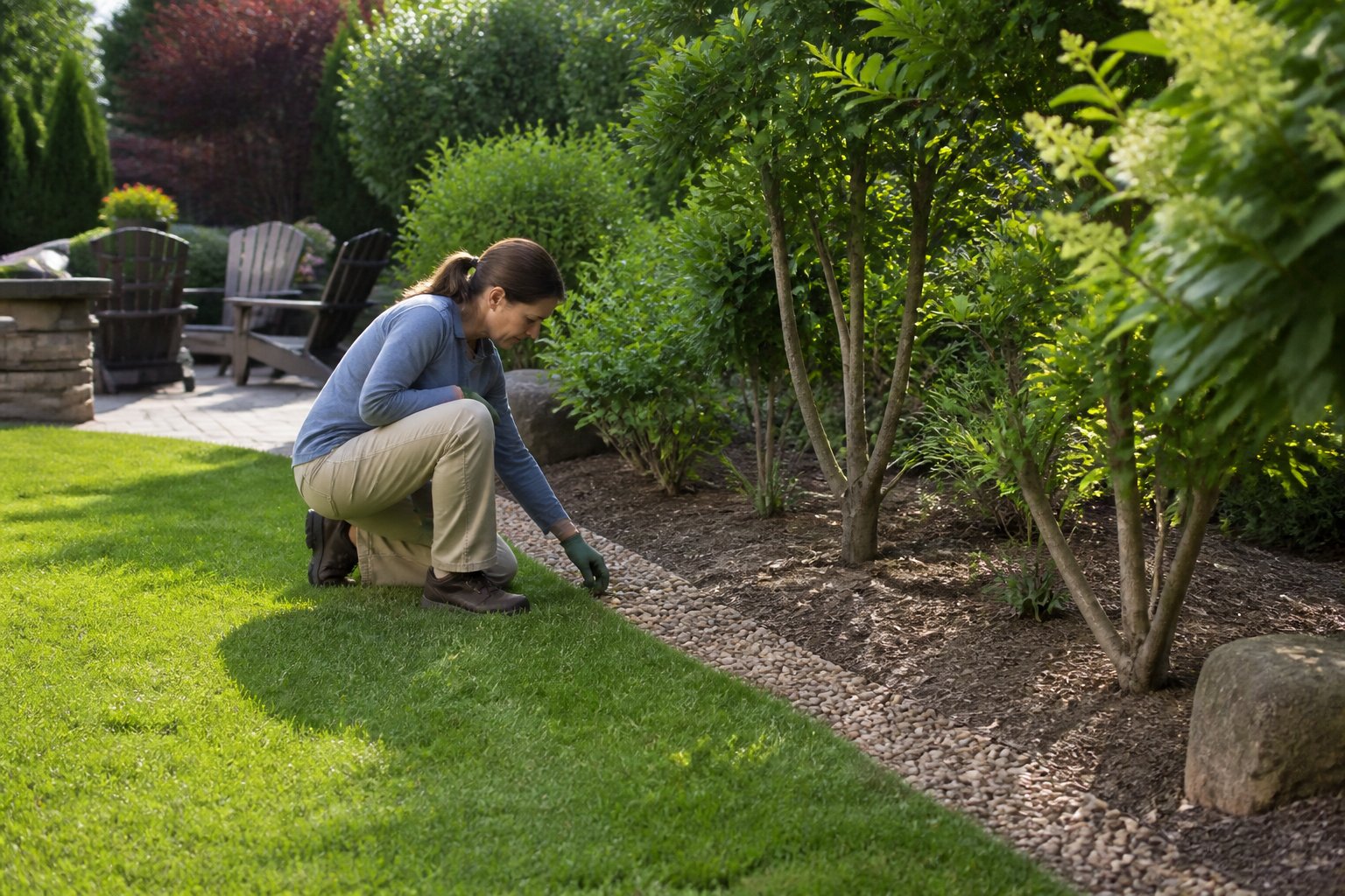 A tidy backyard garden with a mowed lawn, trimmed plants, and a gravel border around a walking path.