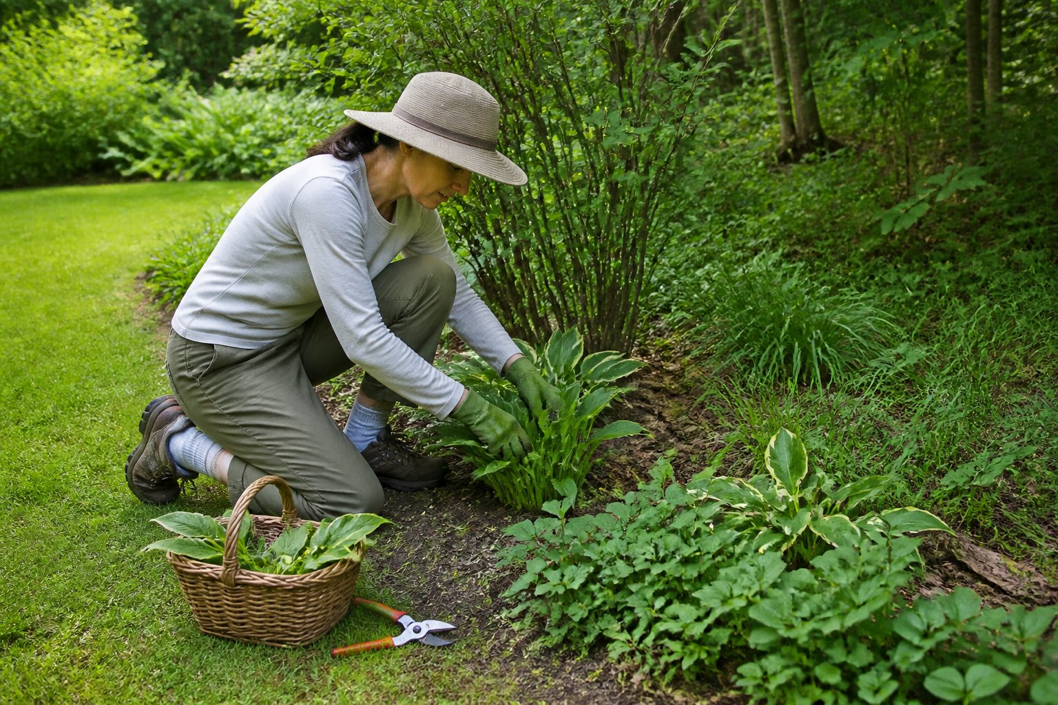 A gardener wearing protective clothing tends plants beside tall grass and shrubs in a backyard garden.