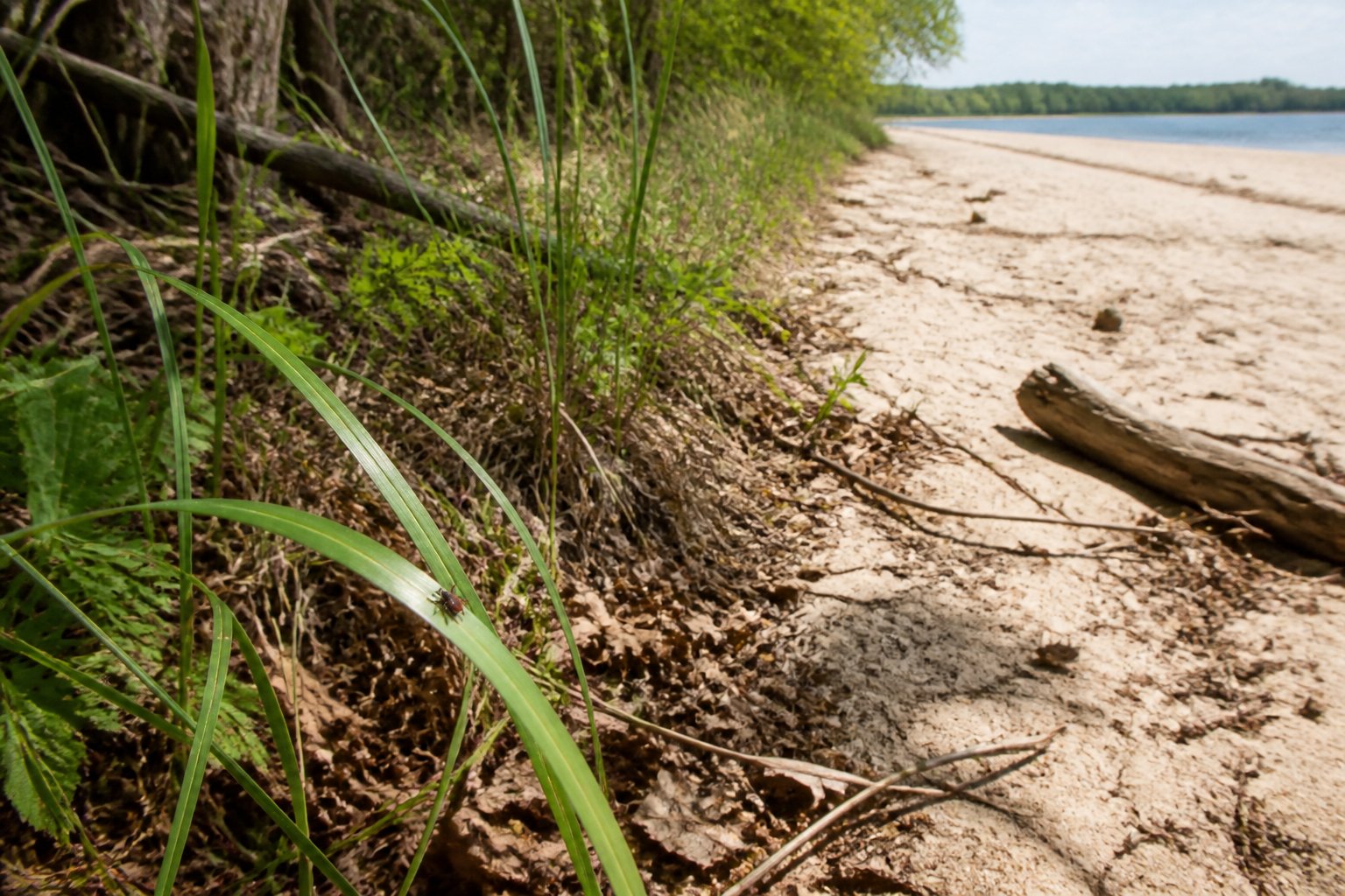 A sandy path bordered by grass, shrubs, leaf litter, and shaded woodland vegetation, with a small tick on a blade of grass.