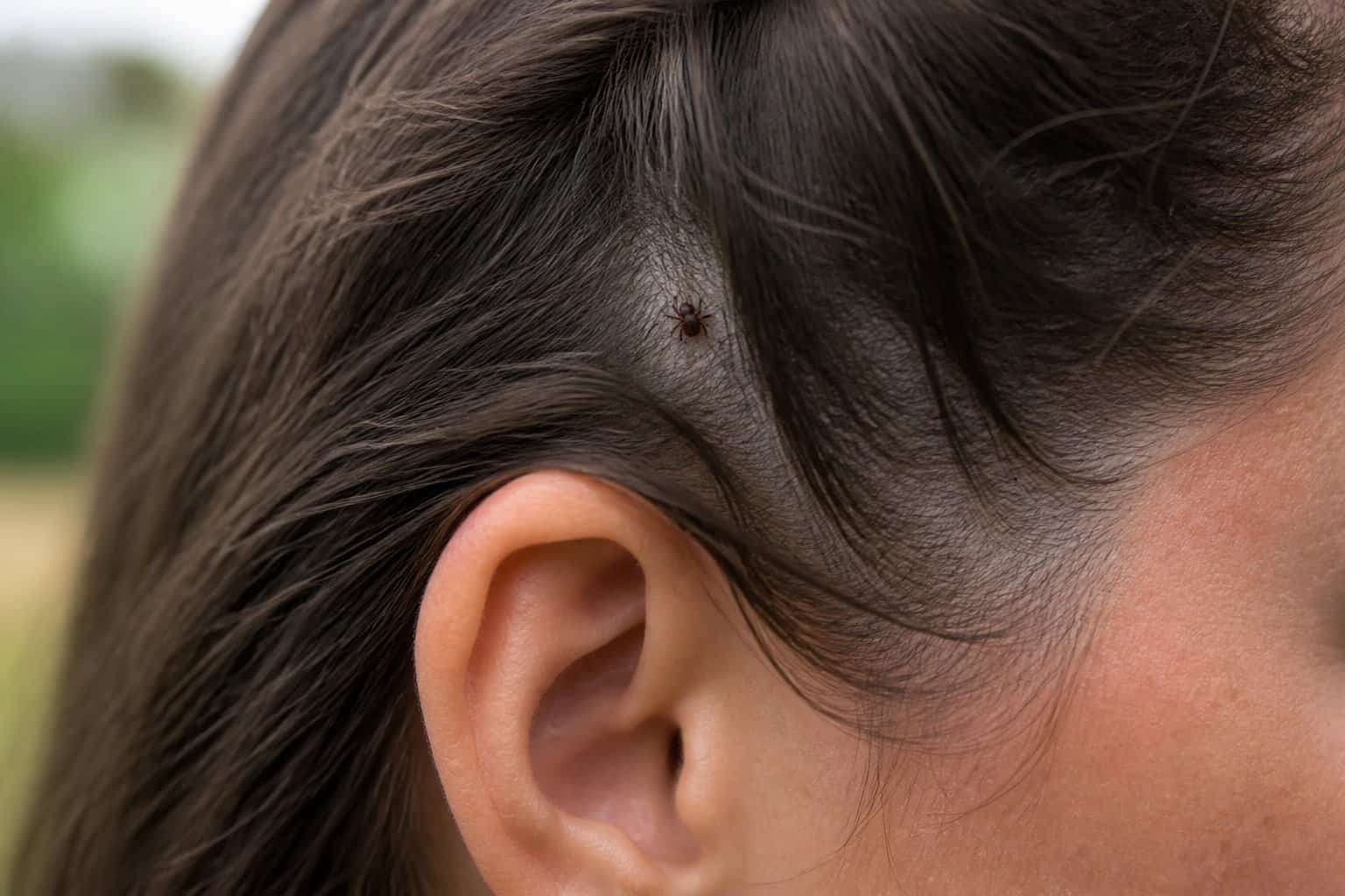 A tick is visible among the hair near a person’s scalp behind the ear.