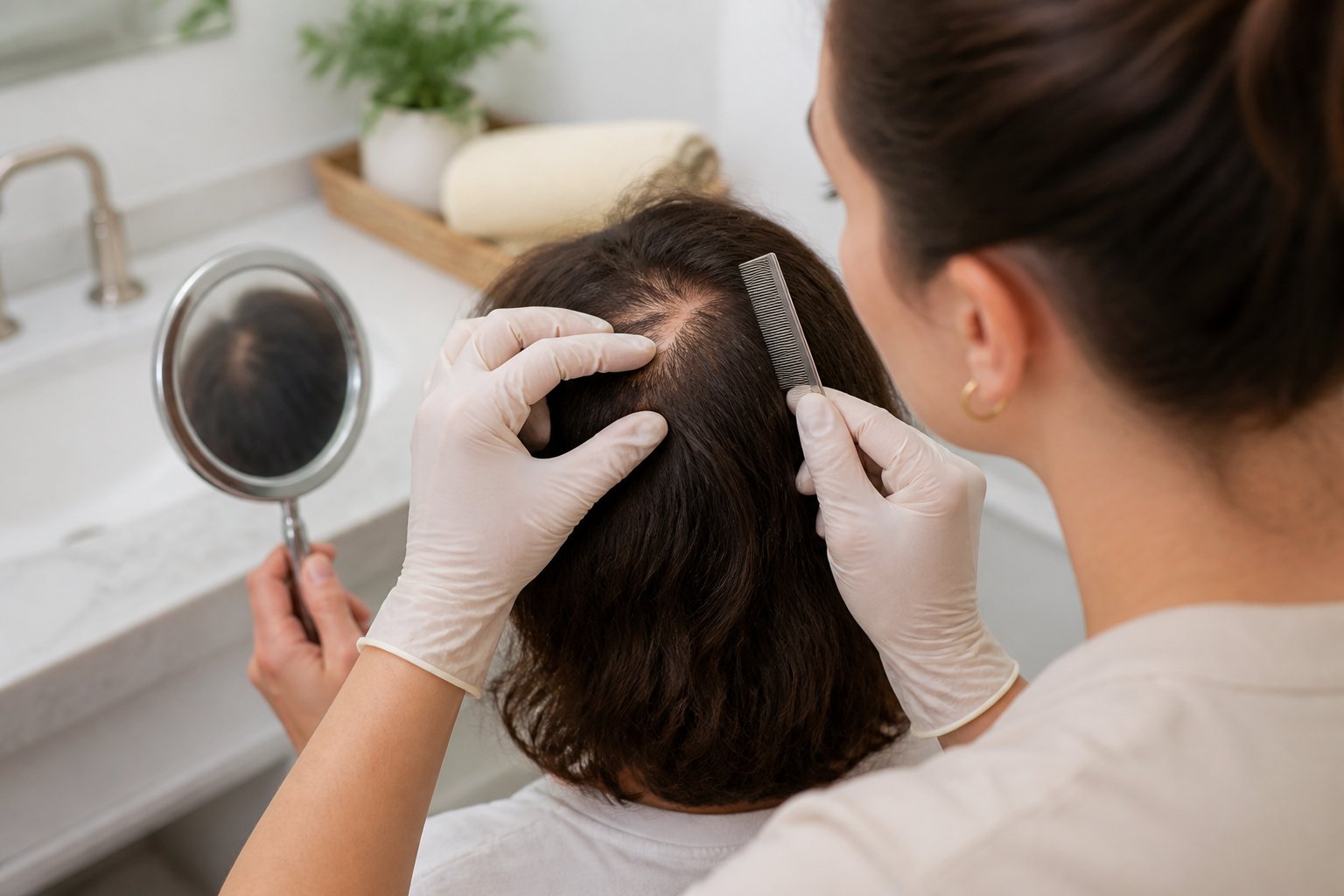 An adult parts another person’s hair and checks the scalp with a comb while wearing gloves.