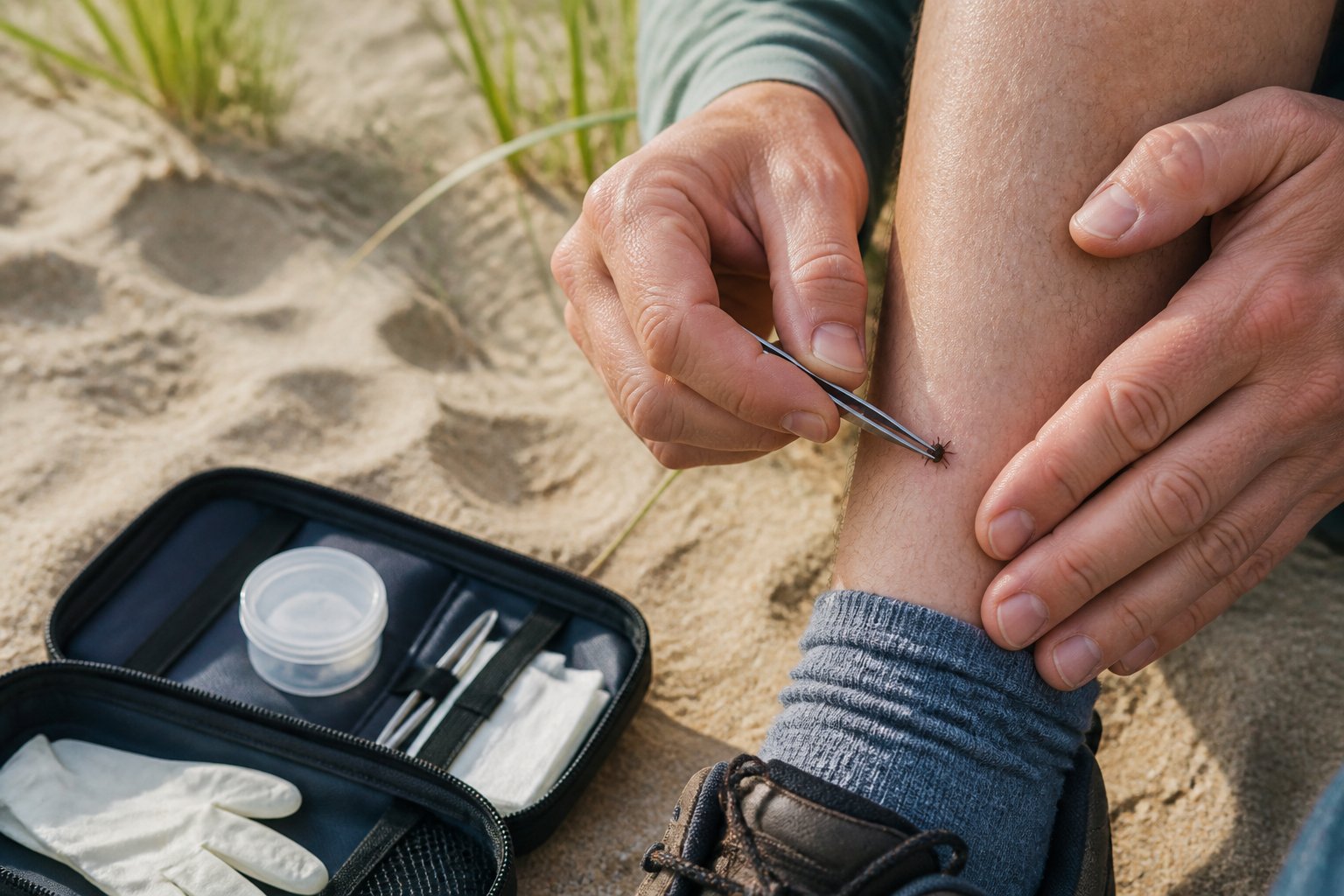 A person uses tweezers to remove a tick from skin beside a sandy outdoor trail.