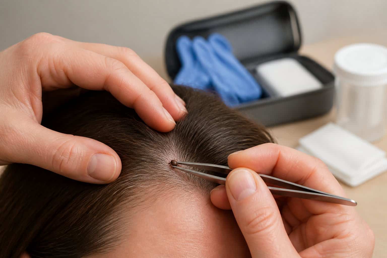 A person carefully removes a tick from another person’s scalp with fine-tipped tweezers.