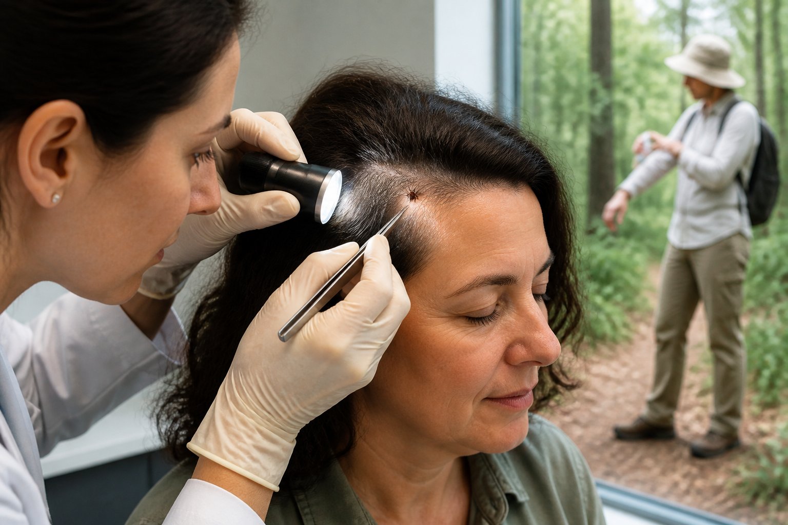 A healthcare professional examines a person’s scalp for a tick while another person prepares for outdoor tick prevention.