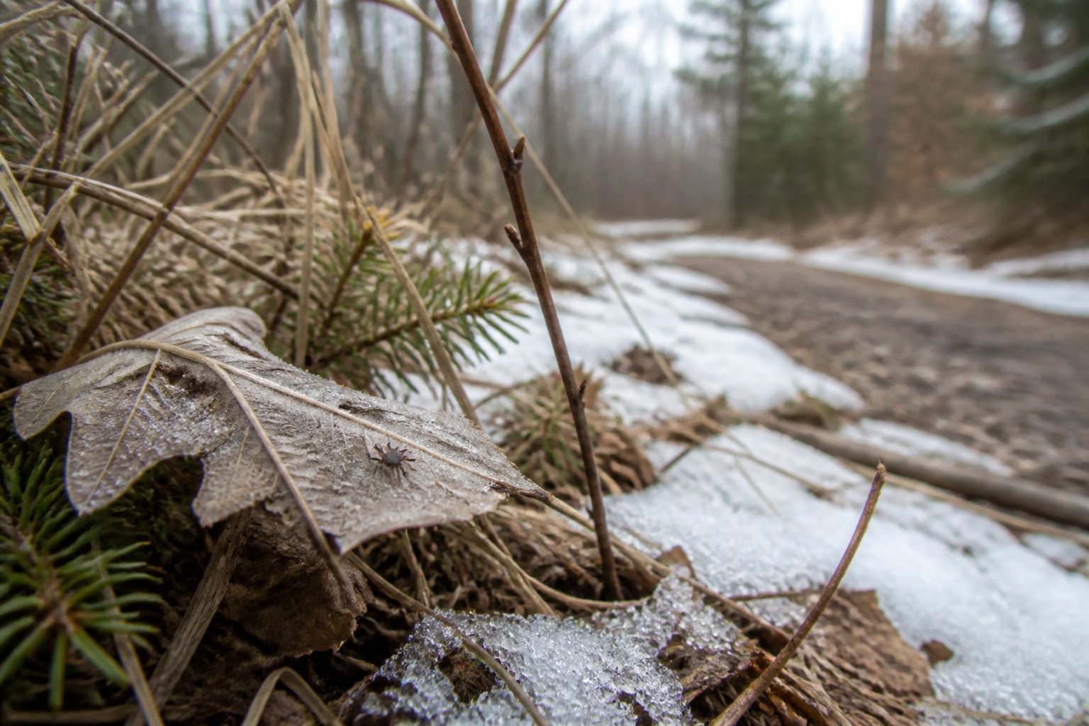 A tick rests on frosty winter vegetation beside patches of melting snow.