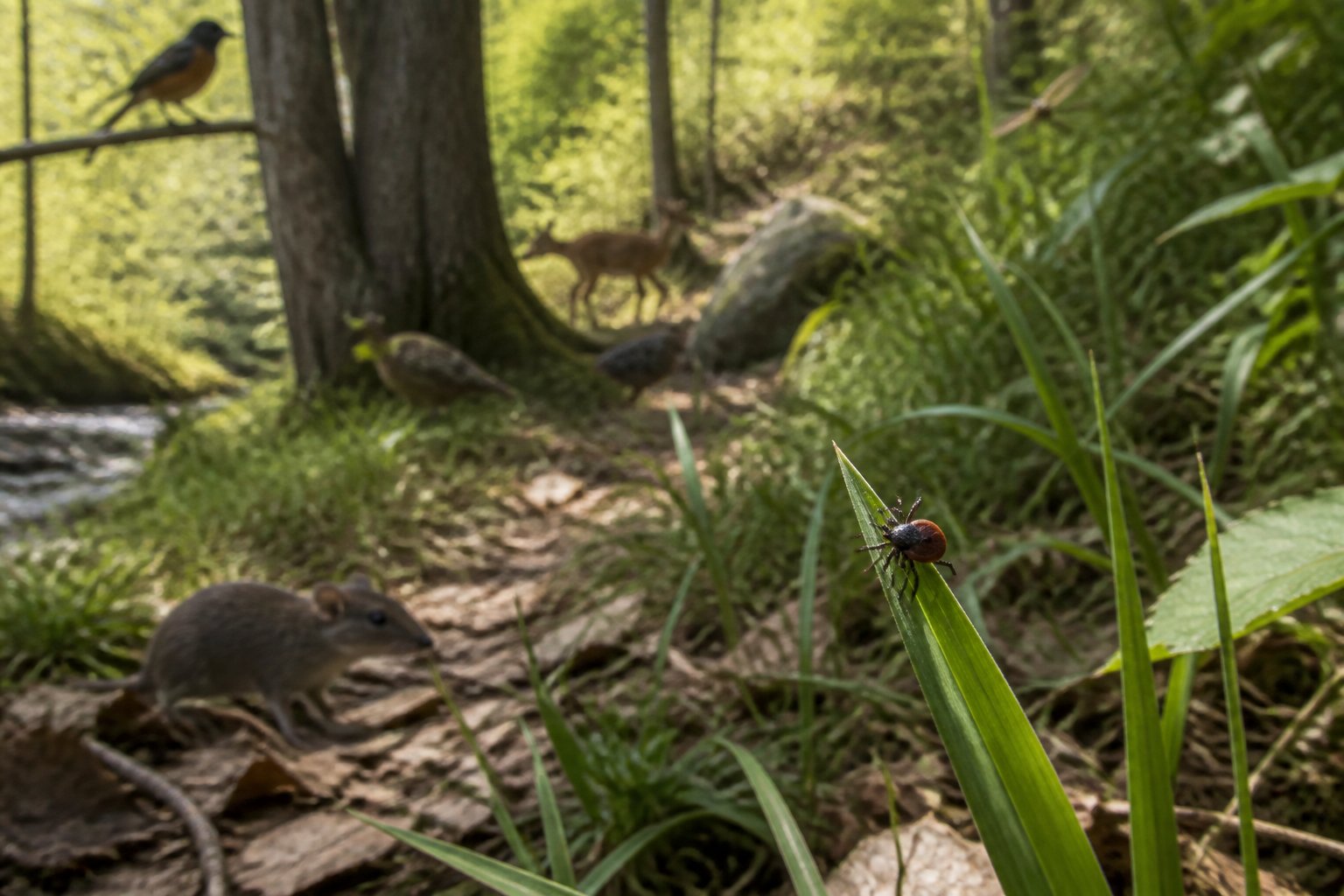 A tick rests on a blade of grass in a diverse woodland ecosystem.