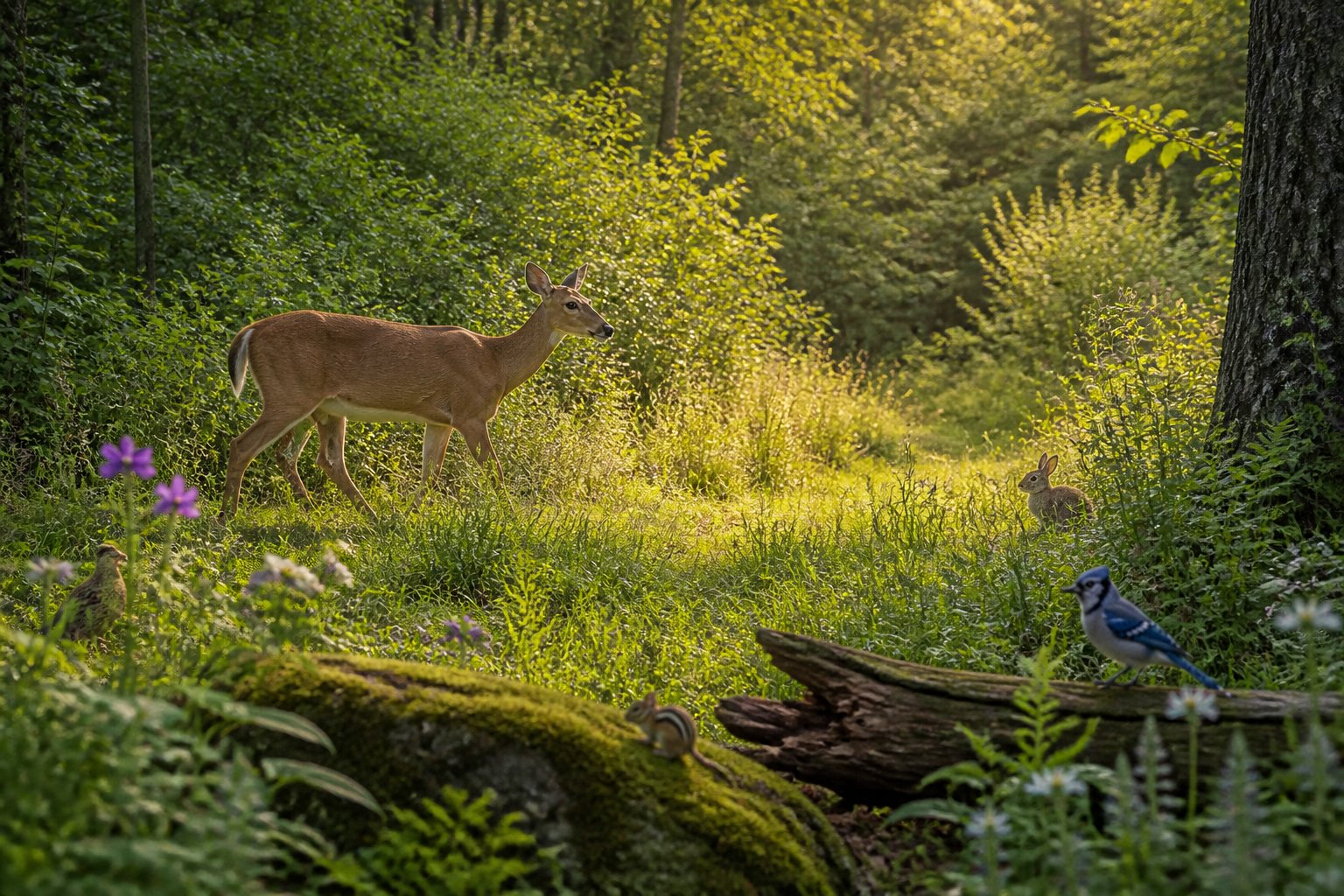 A deer and small woodland animals move through a sunlit forest-edge ecosystem.