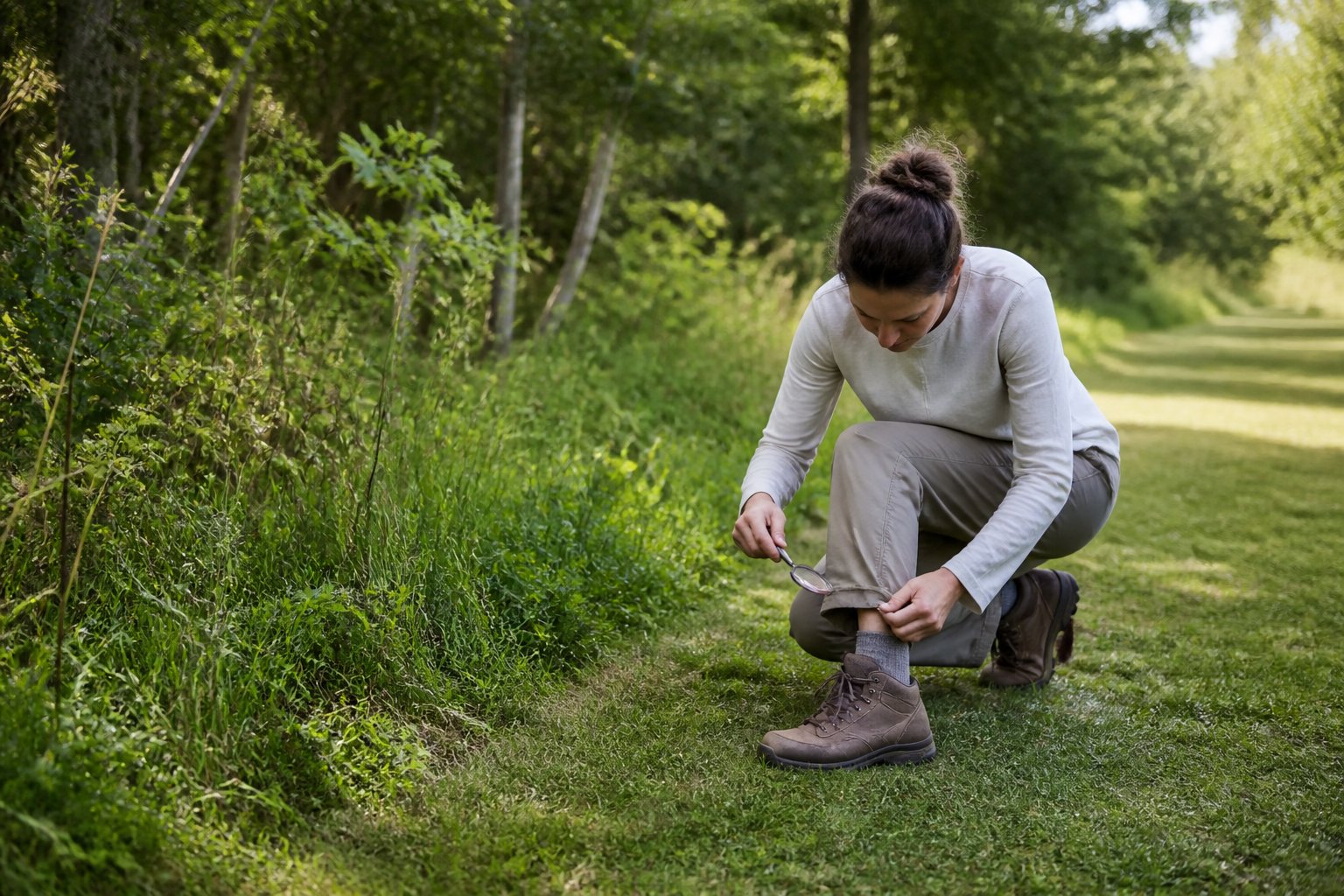 A person checks their lower legs for ticks beside a maintained woodland path.