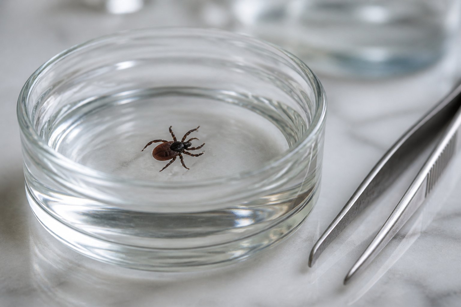A tick remains intact in a shallow dish of clear water beside metal tweezers.