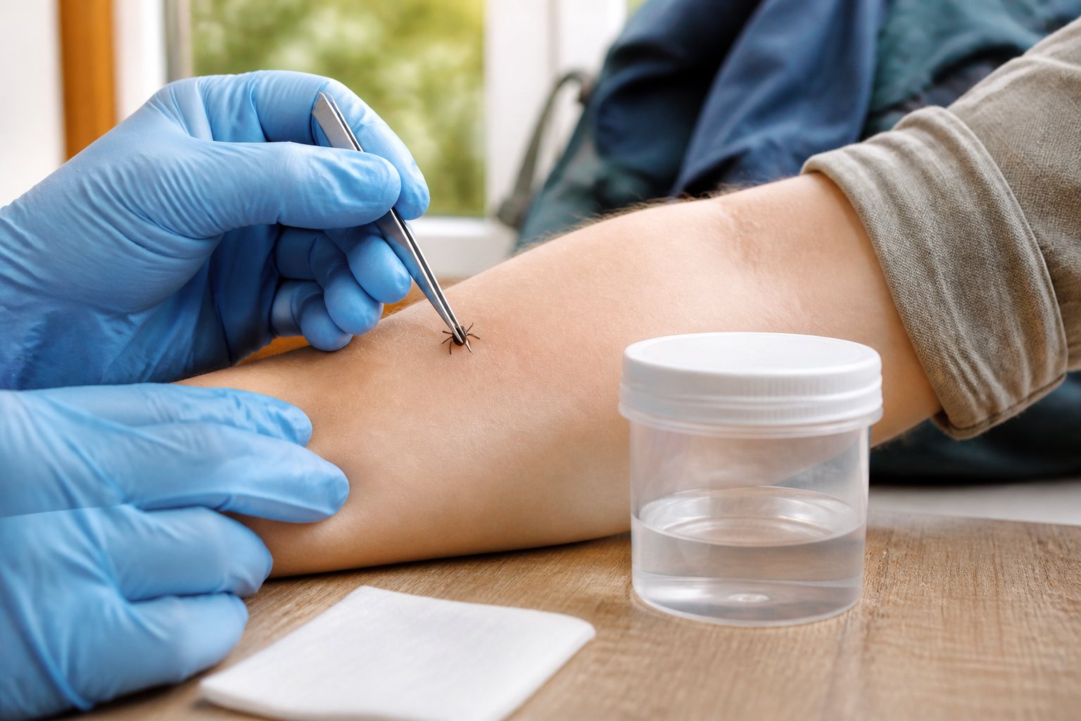 Gloved hands safely remove a tick from a person’s forearm with fine-tipped tweezers beside a small disposal container.